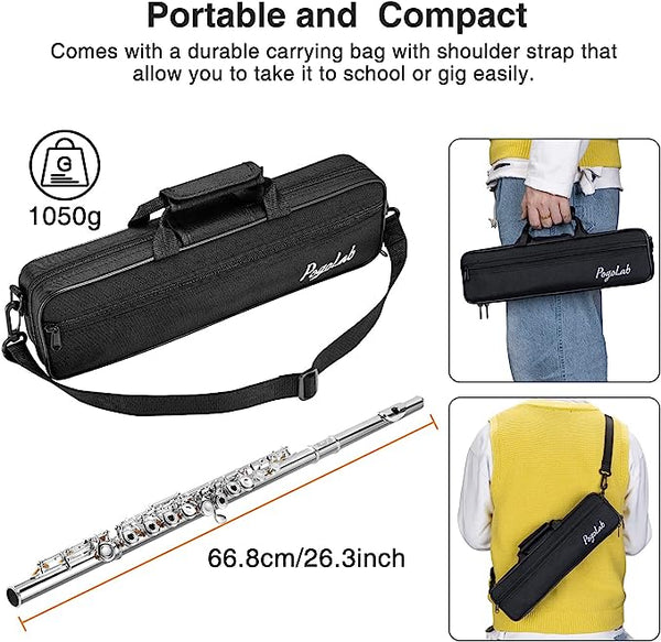 POGOLAB Open Hole C Flute Silver Plated 16 Keys Flute Instrument Set with Case - LEKATO-Best Music Gears And Pro Audio
