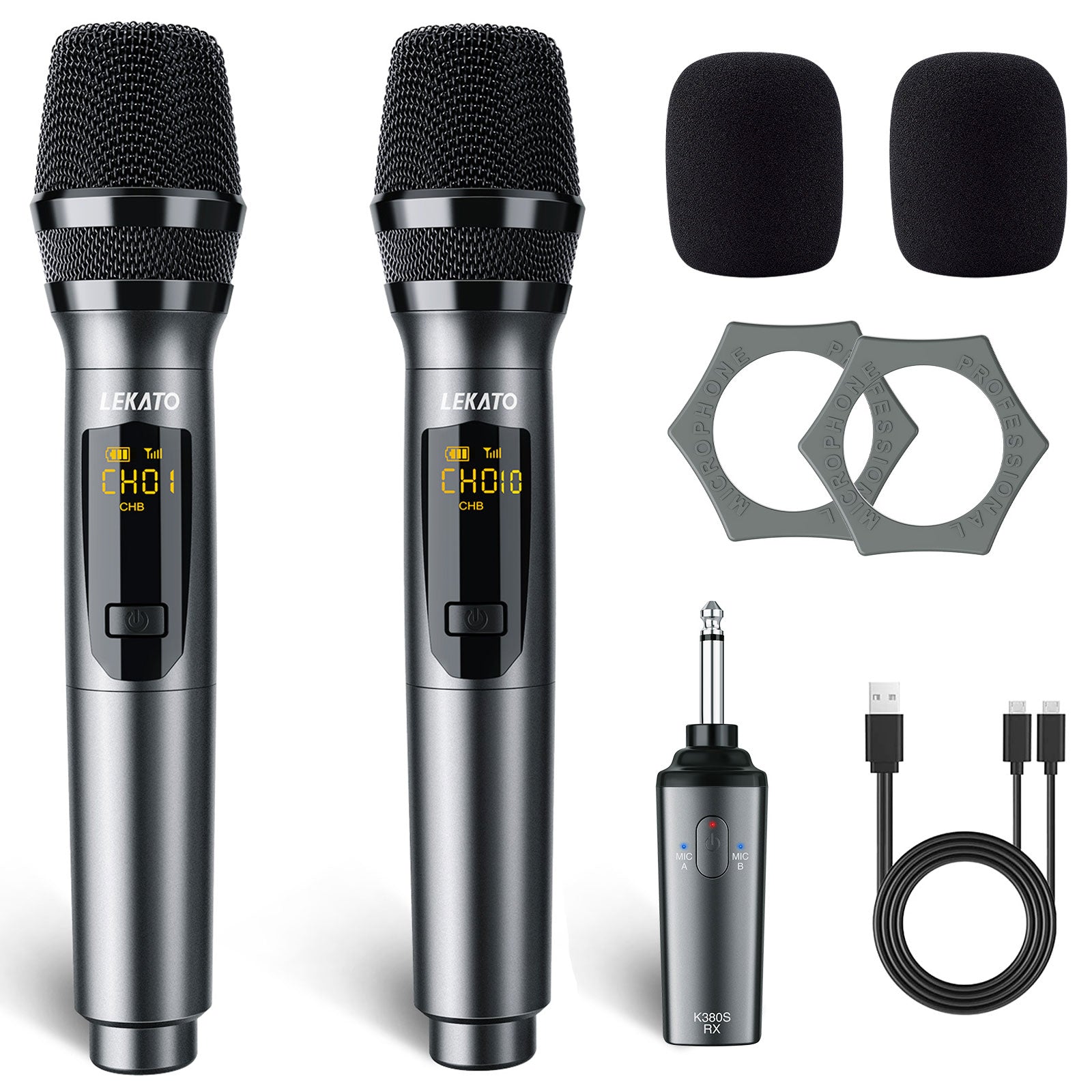 LEKATO – Microphone métallique sans fil, Rechargeable, double, avec 25  canaux, pour mariage, karaoké