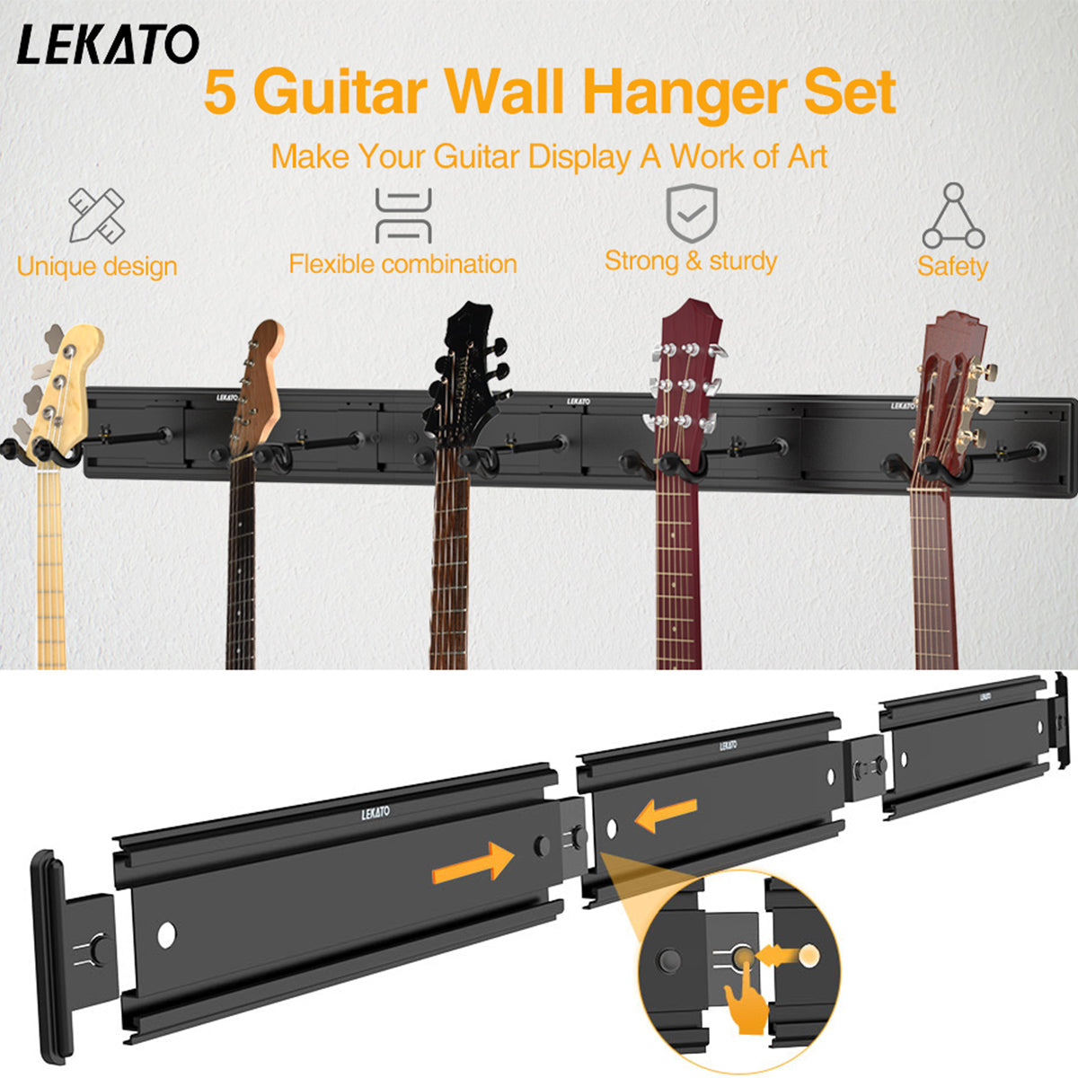 LEKATO Guitar Wall Mount Hanger, Aluminum Guitar Wall Rack Holder with 5  Adjustable Guitar Hangers, Multiple Guitar Holder Stand for Acoustic  Electric Guitar Bass Banjo Mandolin