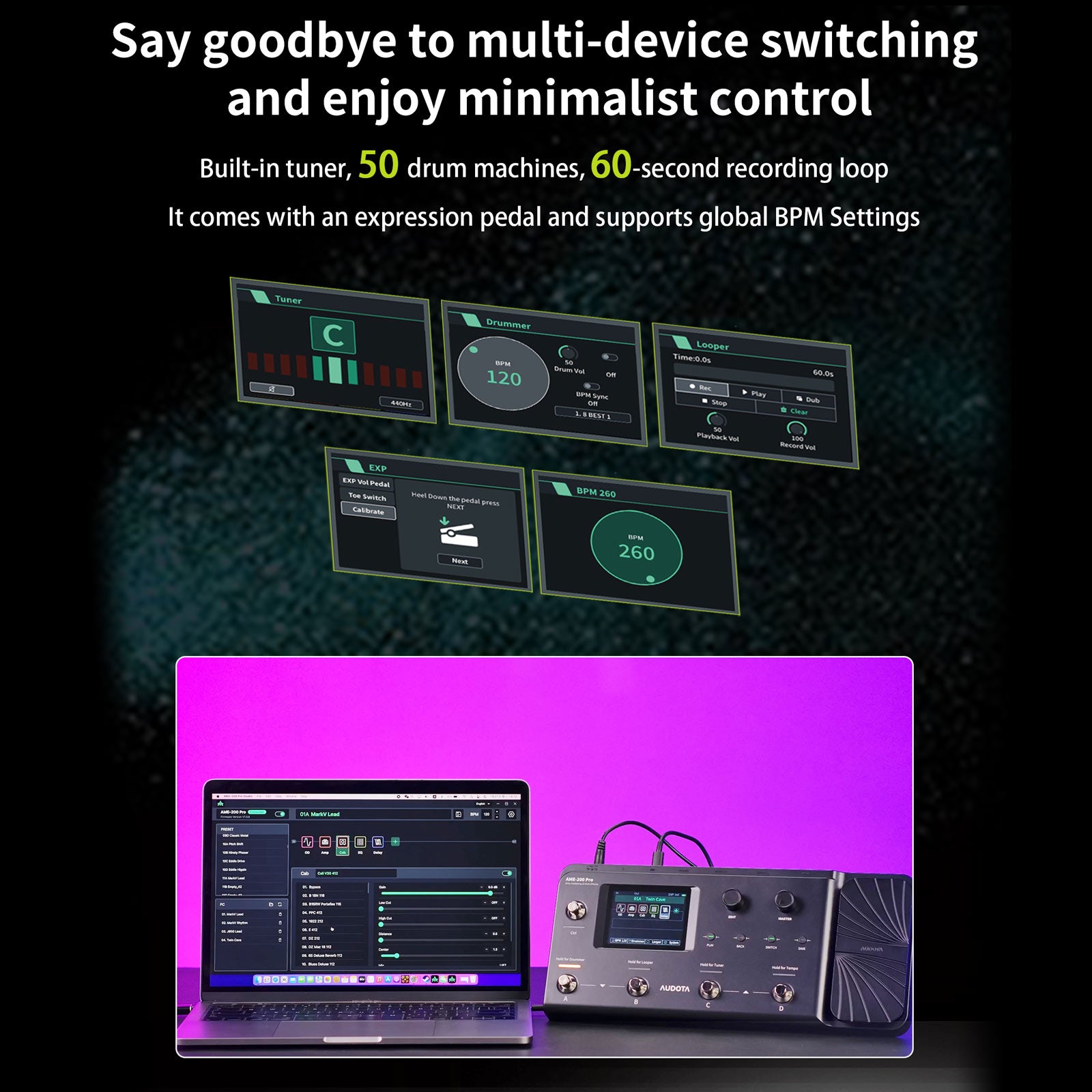 AUDOTA AME-200Pro Amp Modeler Multi-Effects Pedal Five Switches Expression Pedal