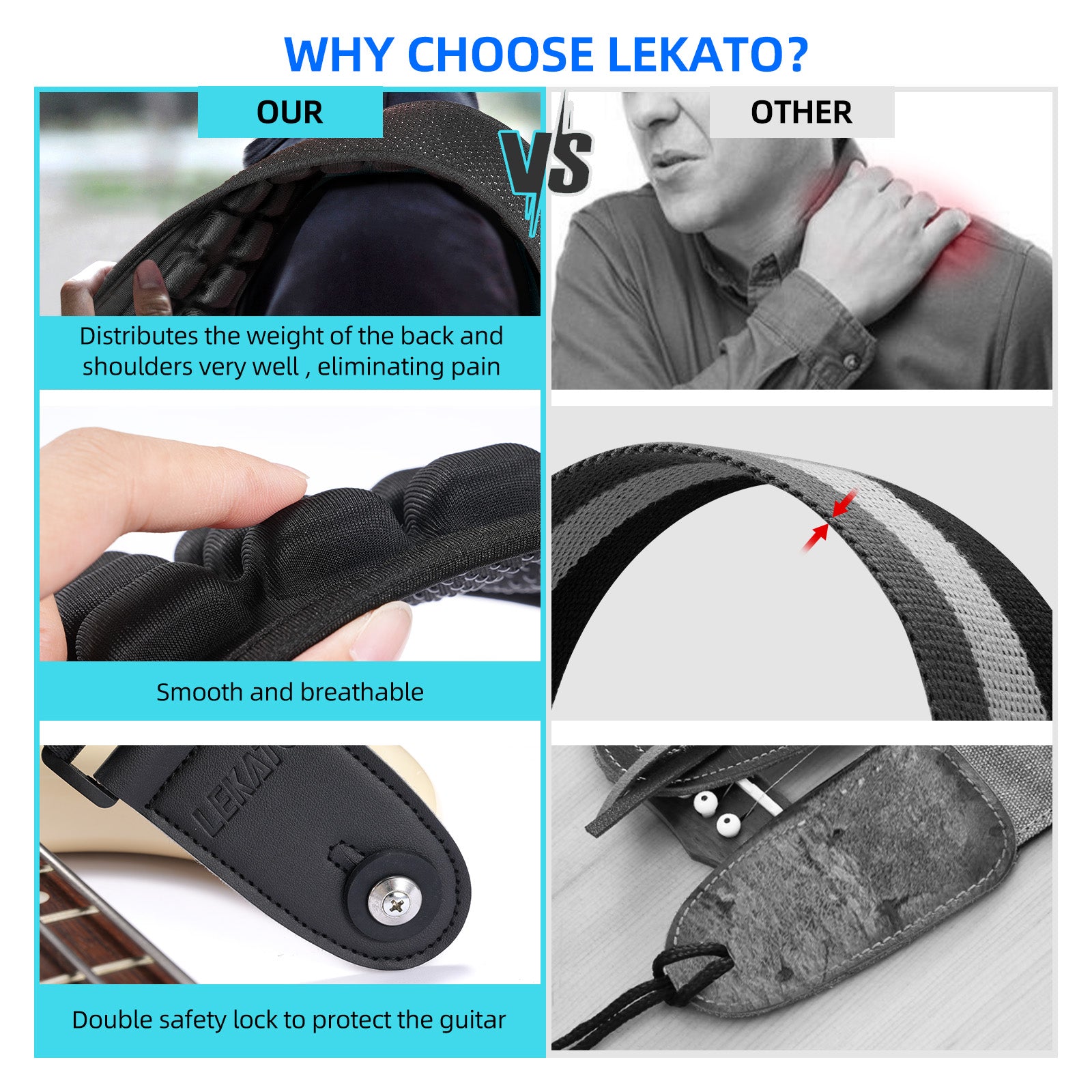 LEKATO Bass Guitar Straps for Electric Guitar & Bass 4" Wide Padded Adjustable - LEKATO-Best Music Gears And Pro Audio