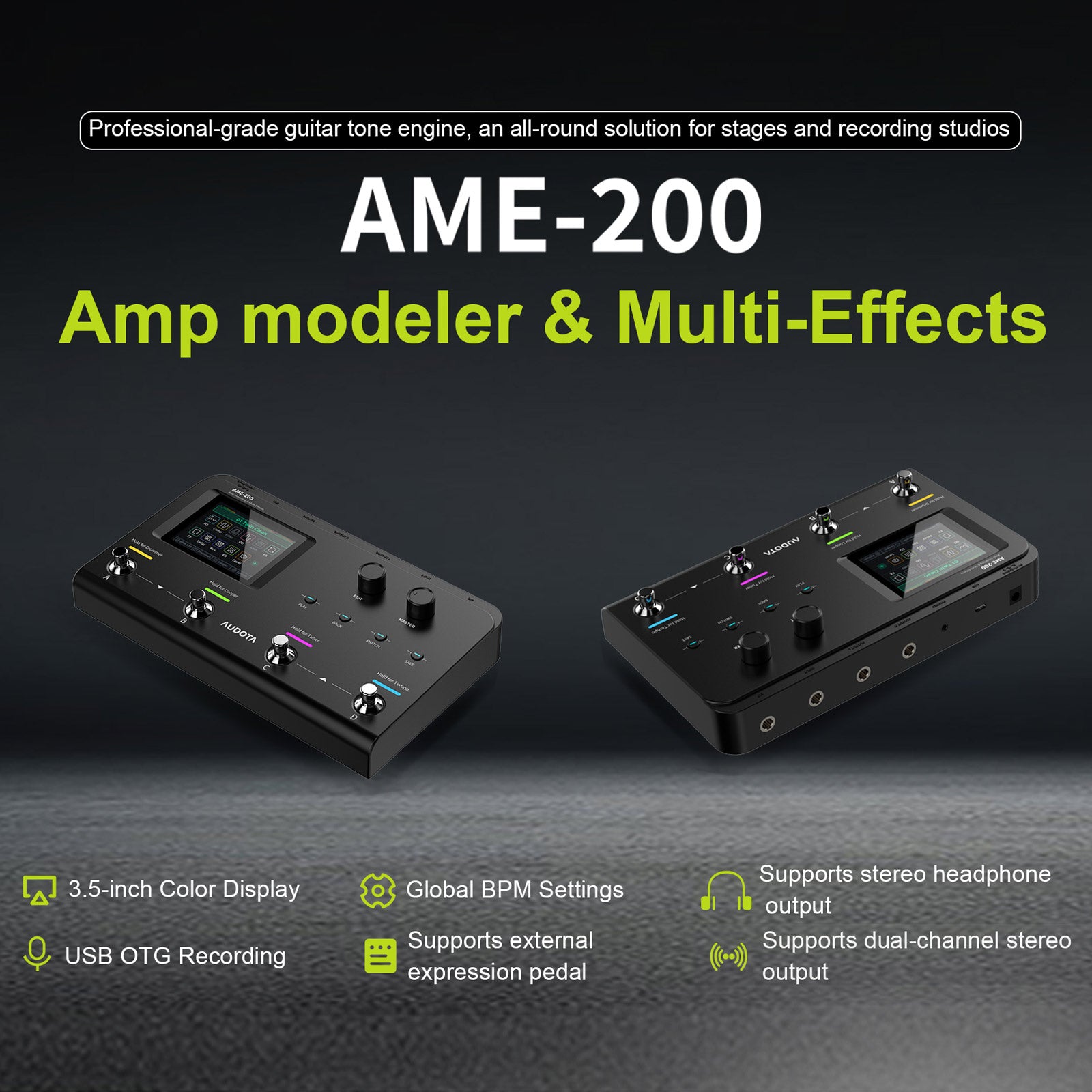 AUDOTA AME-200 Amp Modeler Multi-Effects Pedal 10 Effect Modules 200 Presets