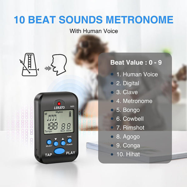 LEKATO Digital Rechargeable LCD Electronic Metronome w/ Timer Human Voice 10 Beat Sounds - LEKATO-Best Music Gears And Pro Audio