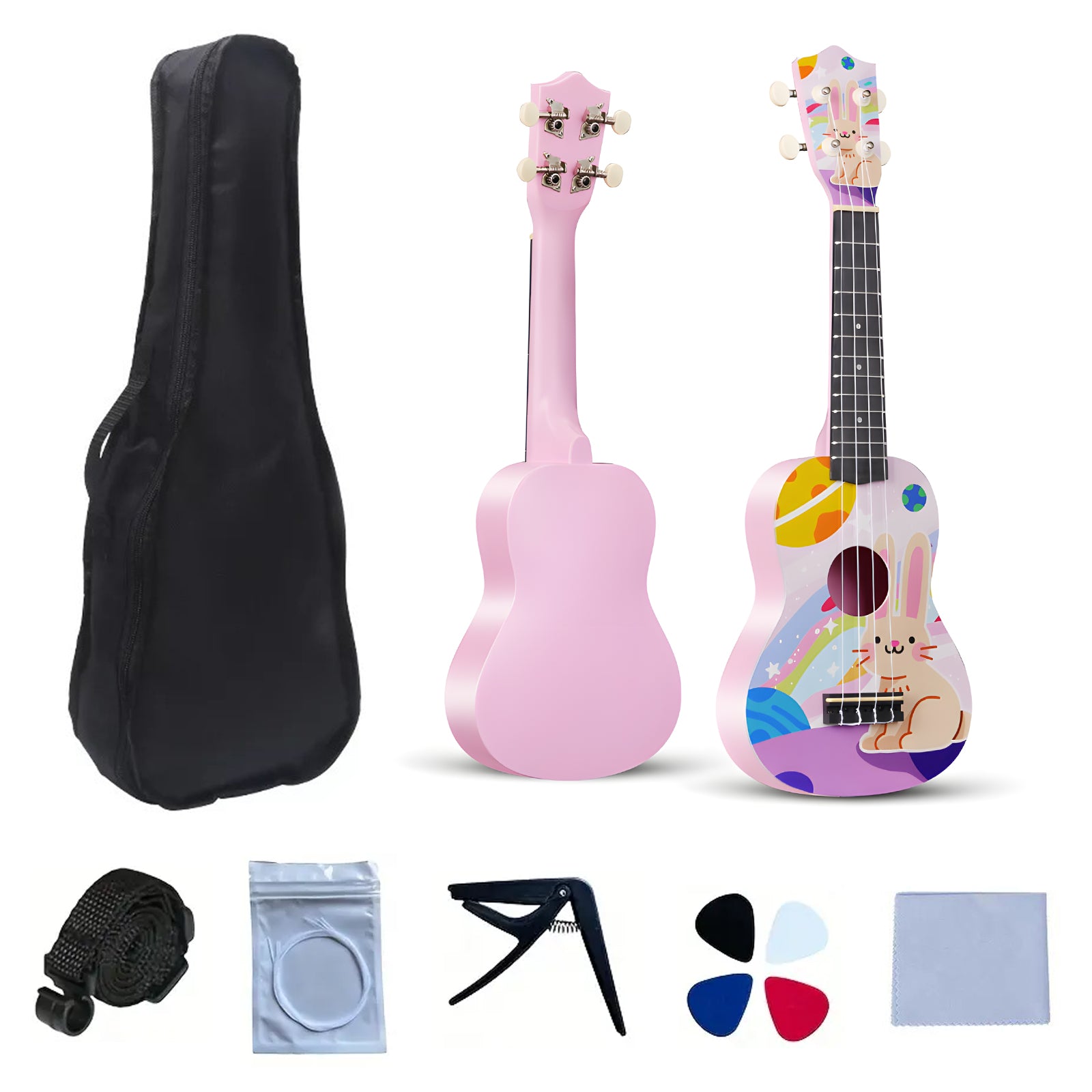 LEKATO 21 Inch Animal Cartoon Painting Ukulele Composite Carbon Fiber Travel Set