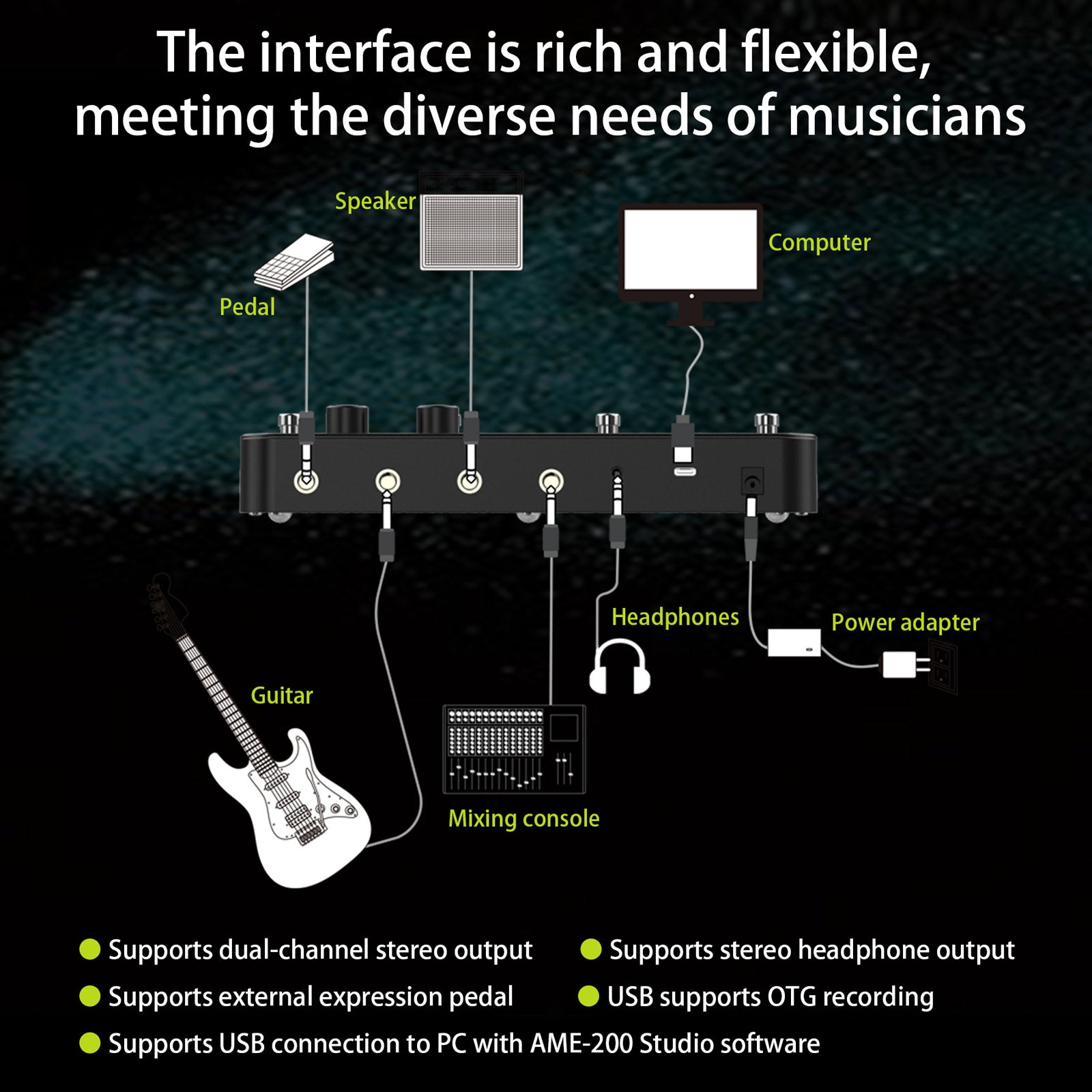 AUDOTA AME-200 Amp Modeler Multi-Effects Pedal 10 Effect Modules 200 Presets