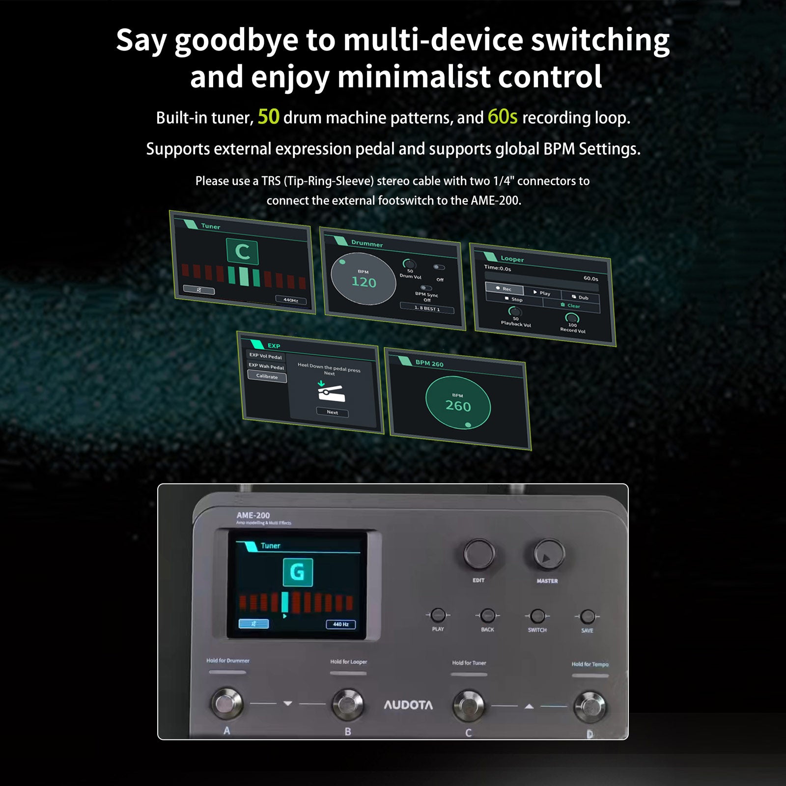 AUDOTA AME-200 Amp Modeler Multi-Effects Pedal 10 Effect Modules 200 Presets