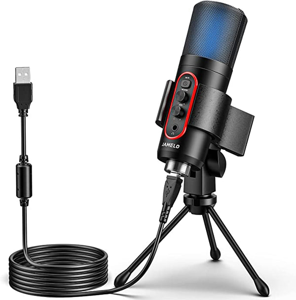 JAMELO Condenser Microphone w/ Tripod Stand For Game Chat Audio Recording