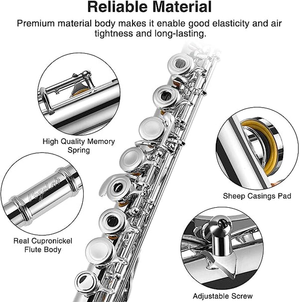 POGOLAB Open Hole C Flute Silver Plated 16 Keys Flute Instrument for Beginner Advanced Player Student Flute with Case