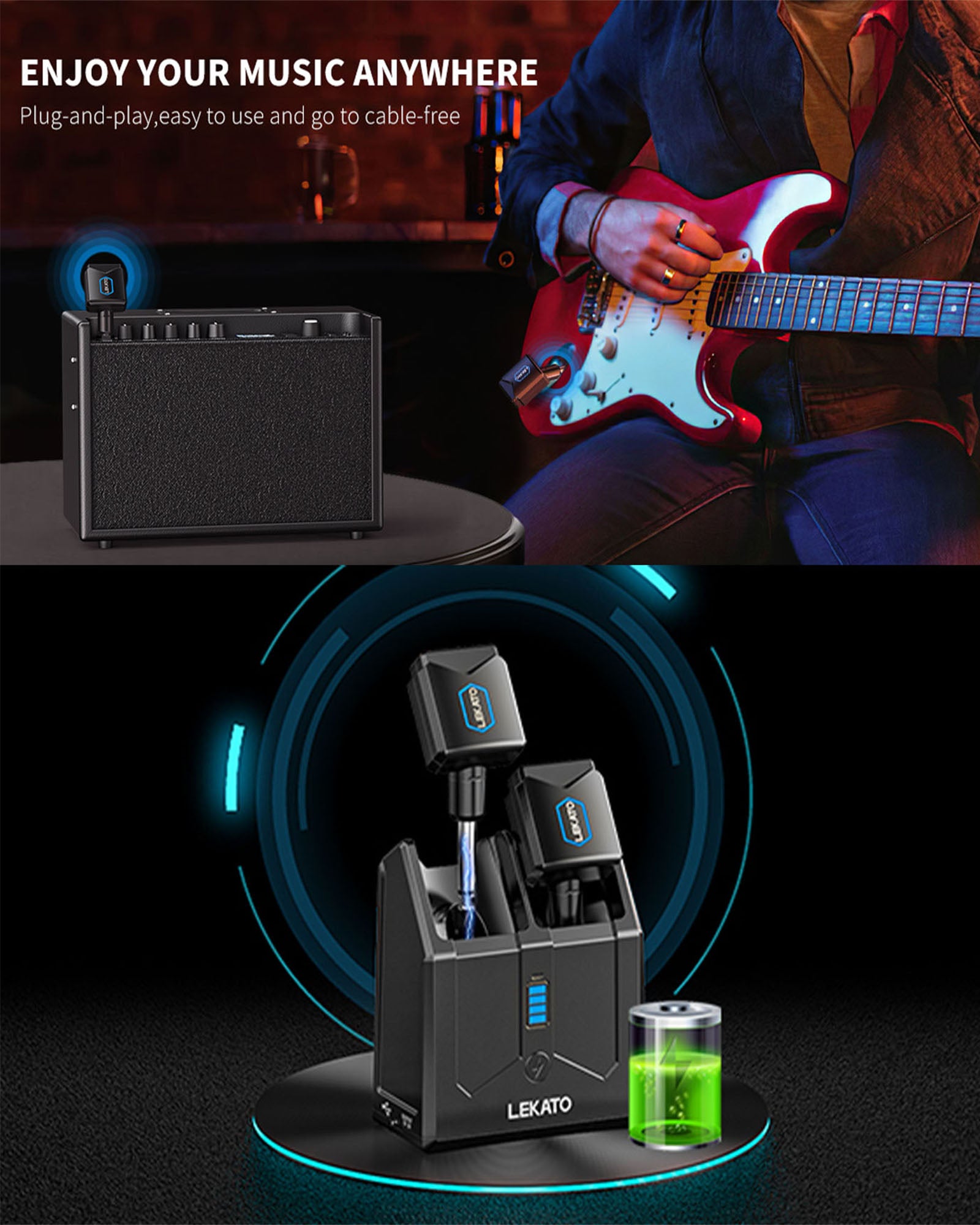 LEKATO JW-06 5.8GHz Wireless Guitar System with Charging Box