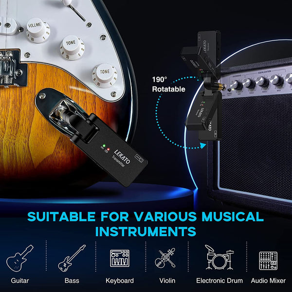 LEKATO Wireless Guitar System 2.4GHz Rechargeable Audio Wireless  Transmitter Receiver 6 Channels for Guitar Bass Electric Instruments,  Stereo and Mono