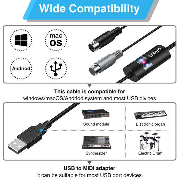 LEKATO MIDI Cable MIDI to USB Interface Midi Cable Input & Output Connecting - LEKATO-Best Music Gears And Pro Audio