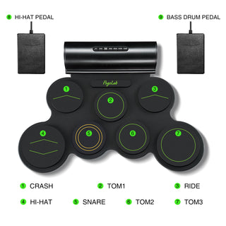 POGOLAB Electronic Drum Set, 7 Pads Portable Roll Up Drum Kit with Wireless Function, Drum Sticks/Foot Pedals/Built-in Dual Speakers/Headphone Jack/USB MIDI, Great Holiday Gift for Young Beginner