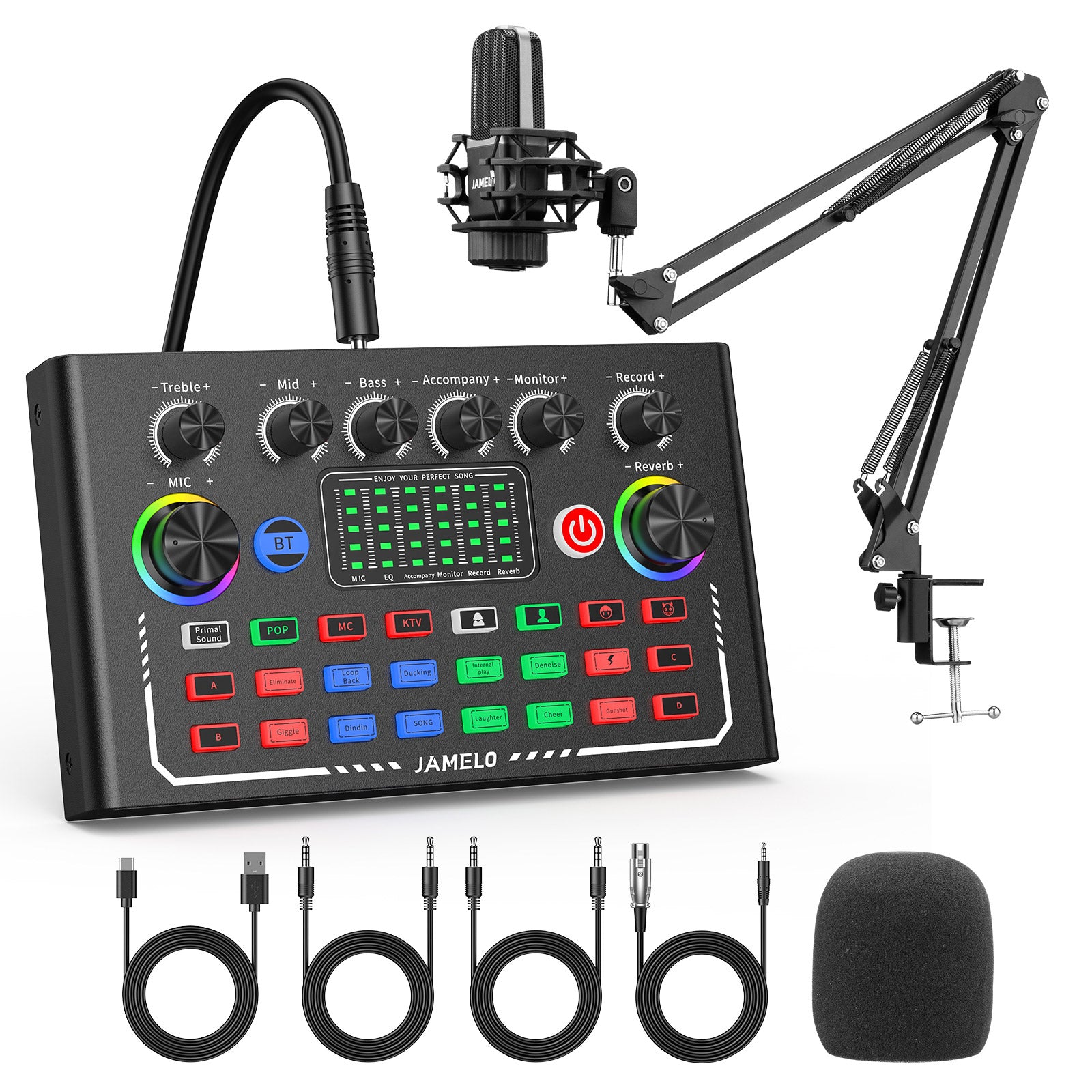 JAMELO Podcast Equipment Bundle F009 Mixer Sound Card MC 88 Studio Equipment Kit