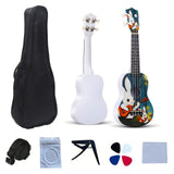 LEKATO 21 Inch Cartoon Painting Ukulele Composite Carbon Fiber Travel Set