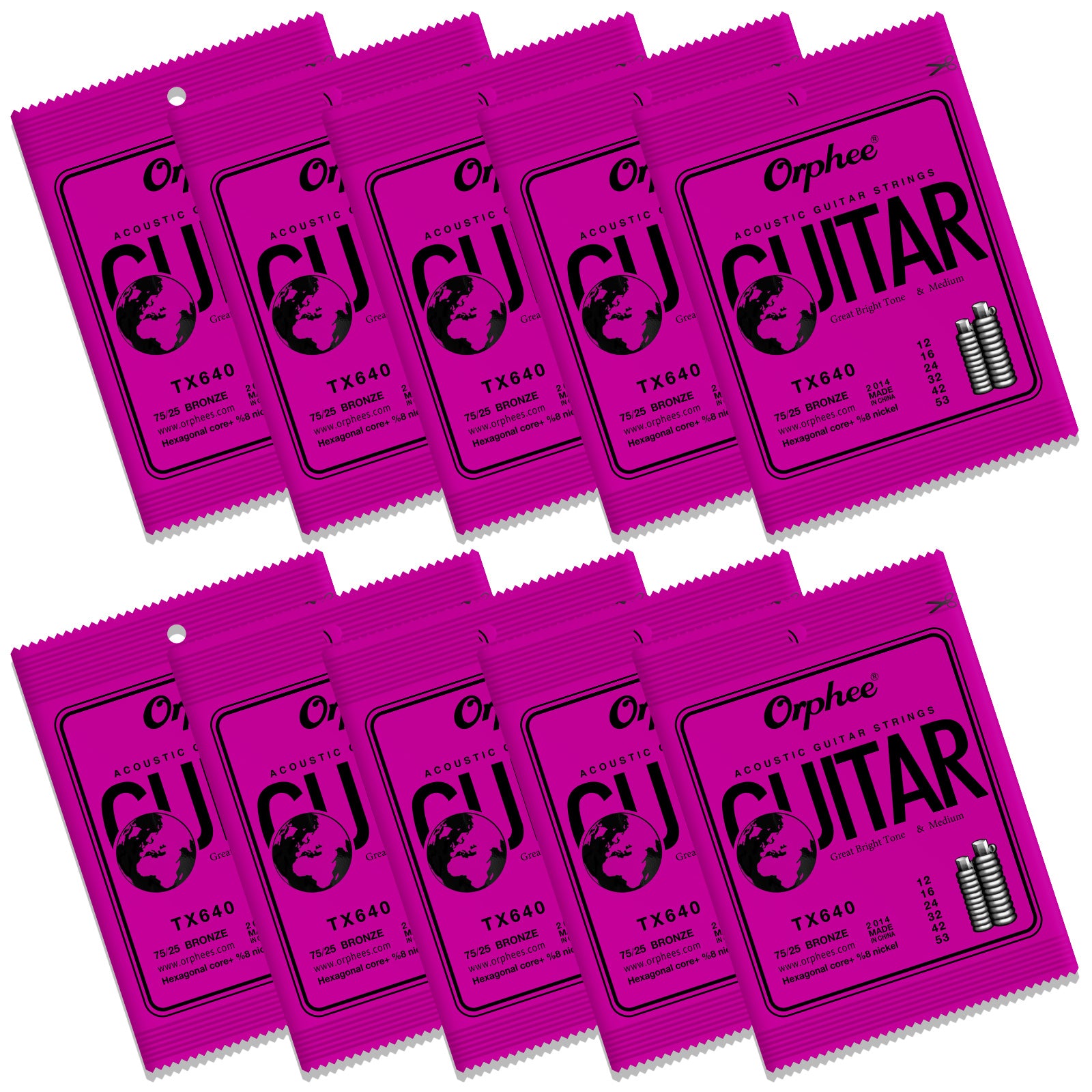 Orphee TX640 Guitar Strings 6 Strings Set Acoustic Guitar Strings Light 12-53 10 Pack