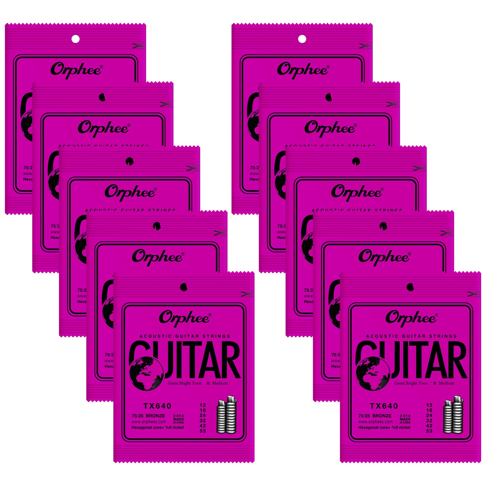 Orphee TX640 Guitar Strings 6 Strings Set Acoustic Guitar Strings Light 12-53 10 Pack