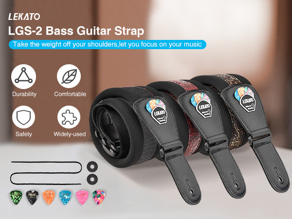 Lekato Adjustable Memory Foam Guitar Strap Bass Belt Set 3 inch Wide w/ 6 picks (Get $10 Coupon) - LEKATO-Best Music Gears And Pro Audio