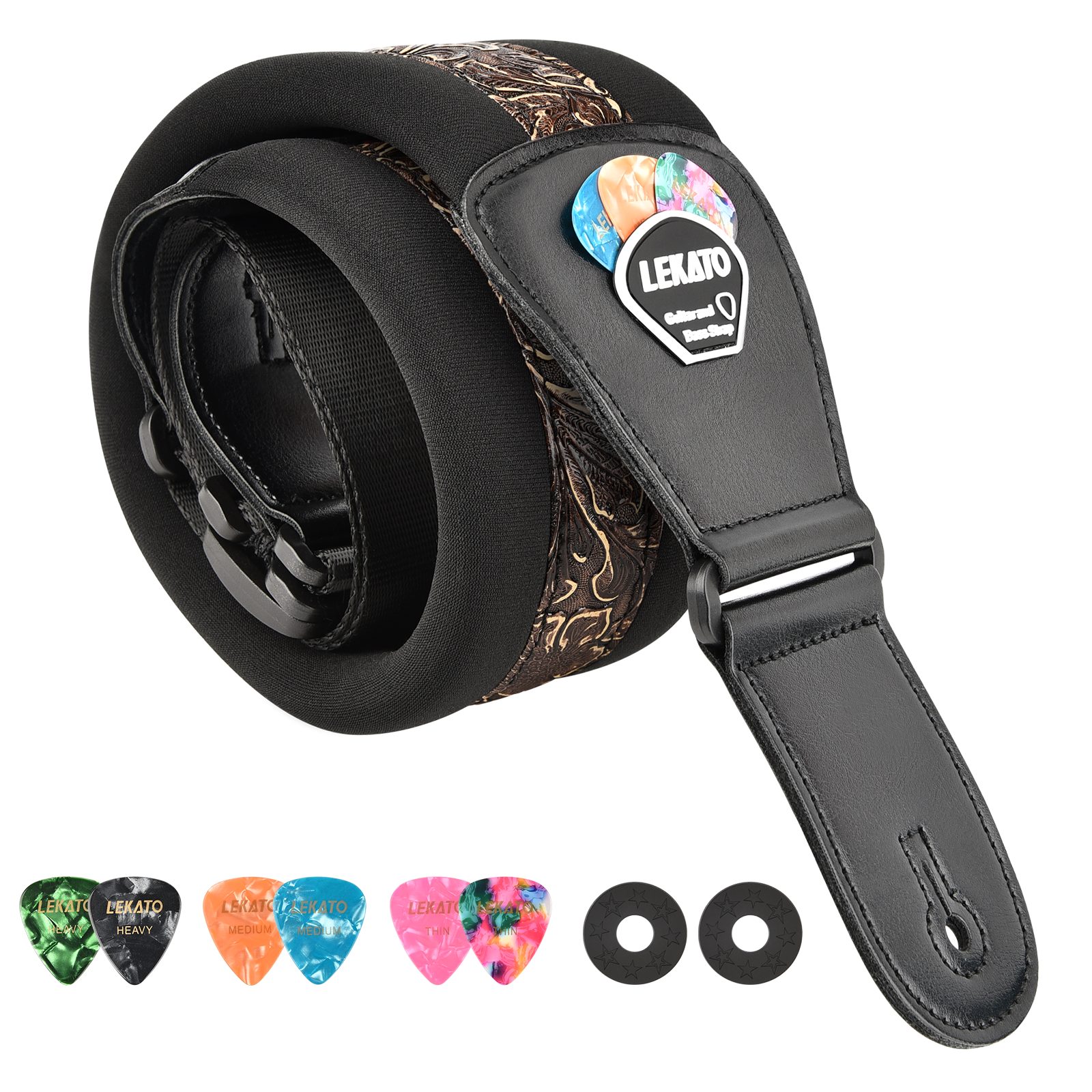 Lekato Adjustable Memory Foam Guitar Strap Bass Belt Set 3 inch Wide w/ 6 picks (Get $10 Coupon) - LEKATO-Best Music Gears And Pro Audio