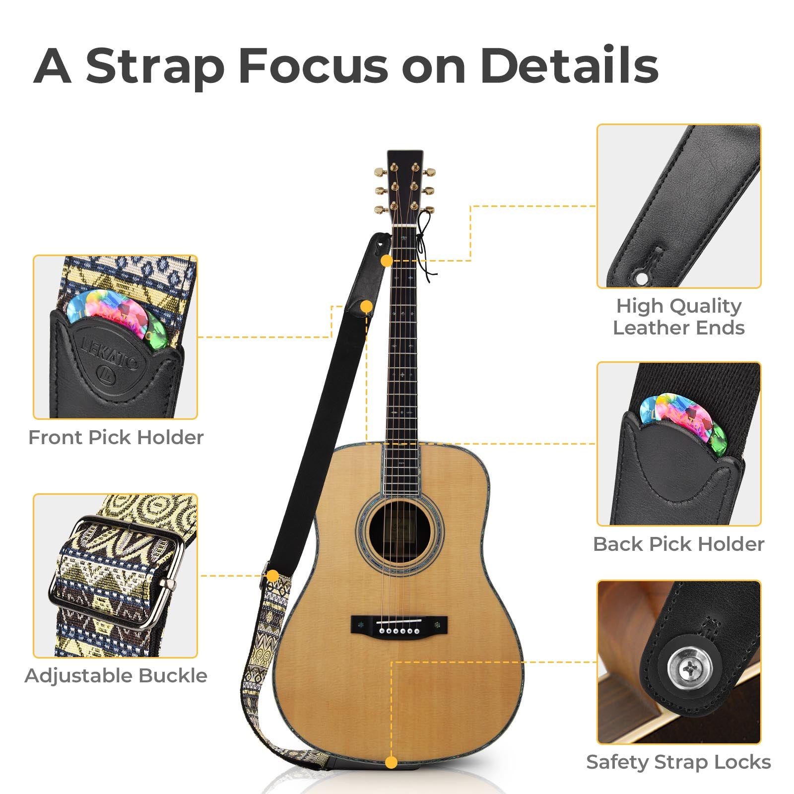 LEKATO Guitar Strap with Leather Ends Adjustable Guitar Shoulder Strap