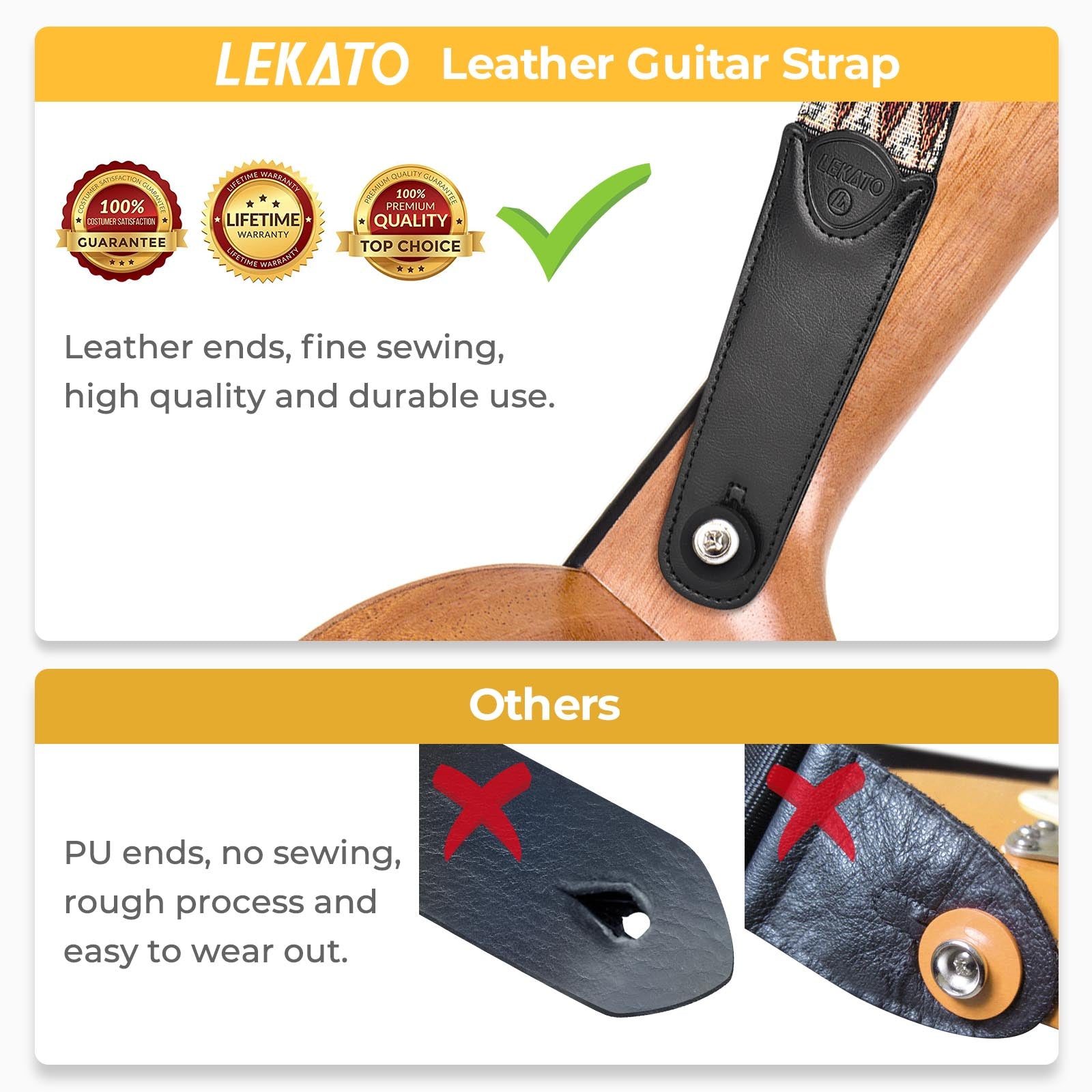 LEKATO Guitar Strap with Leather Ends Adjustable Guitar Shoulder Strap
