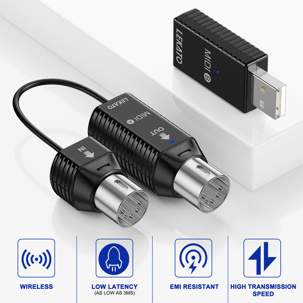 LEKATO Wireless MIDI Adapter Bluetooth w/ USB Dongle 5 PIN for Synthesizer