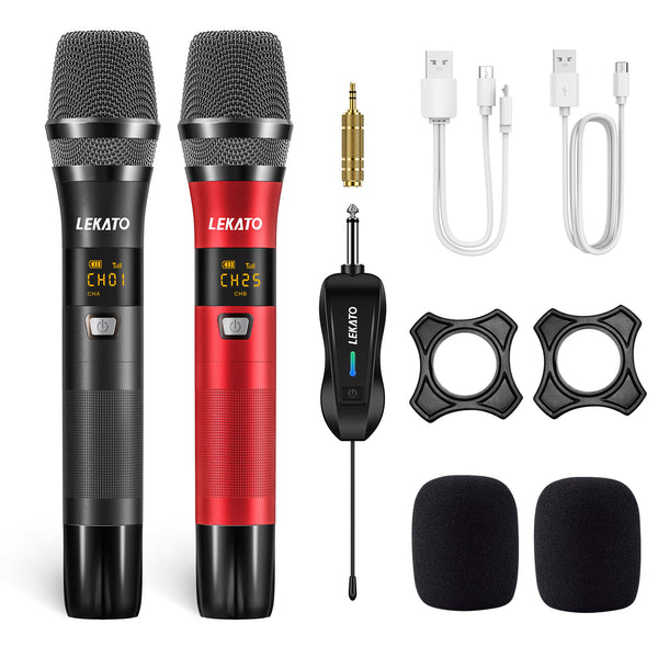 LEKATO Wireless Professional UHF Dual Microphones Dynamic Mics System Set