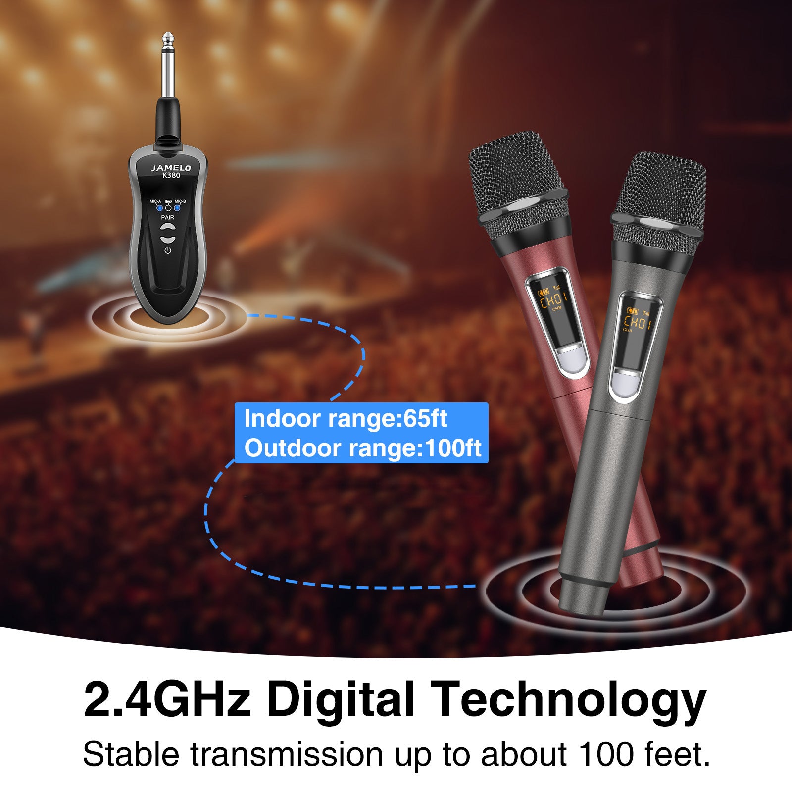 JAMELO Wireless Microphones Dual Handheld Dynamic Mic w/ 2.4Ghz Singing