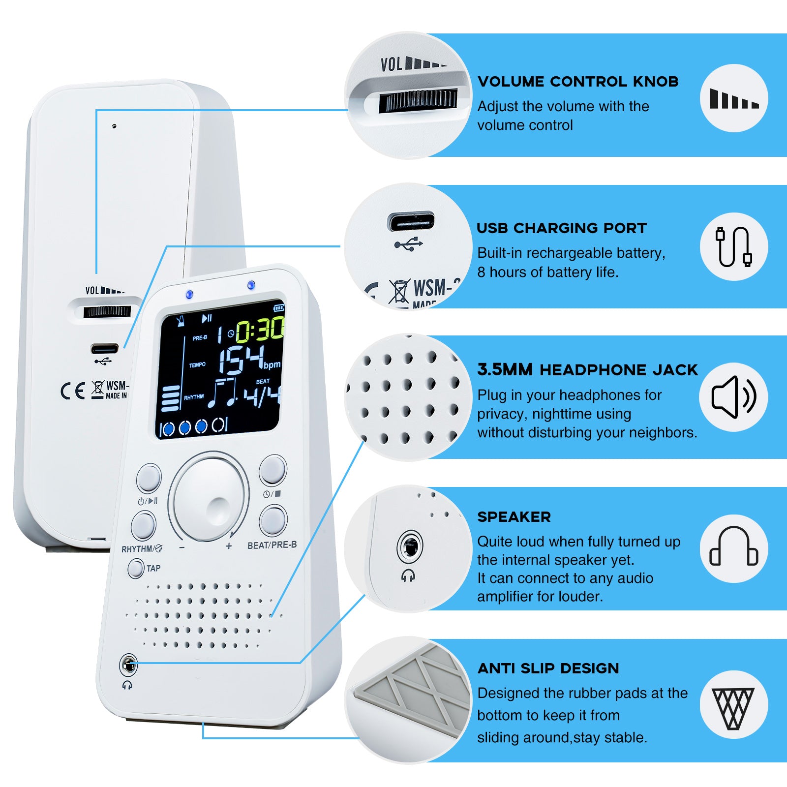 POGOLAB Digital Metronome Electronic LCD w/ Timer Beat Speed Adjustable 4 Voice