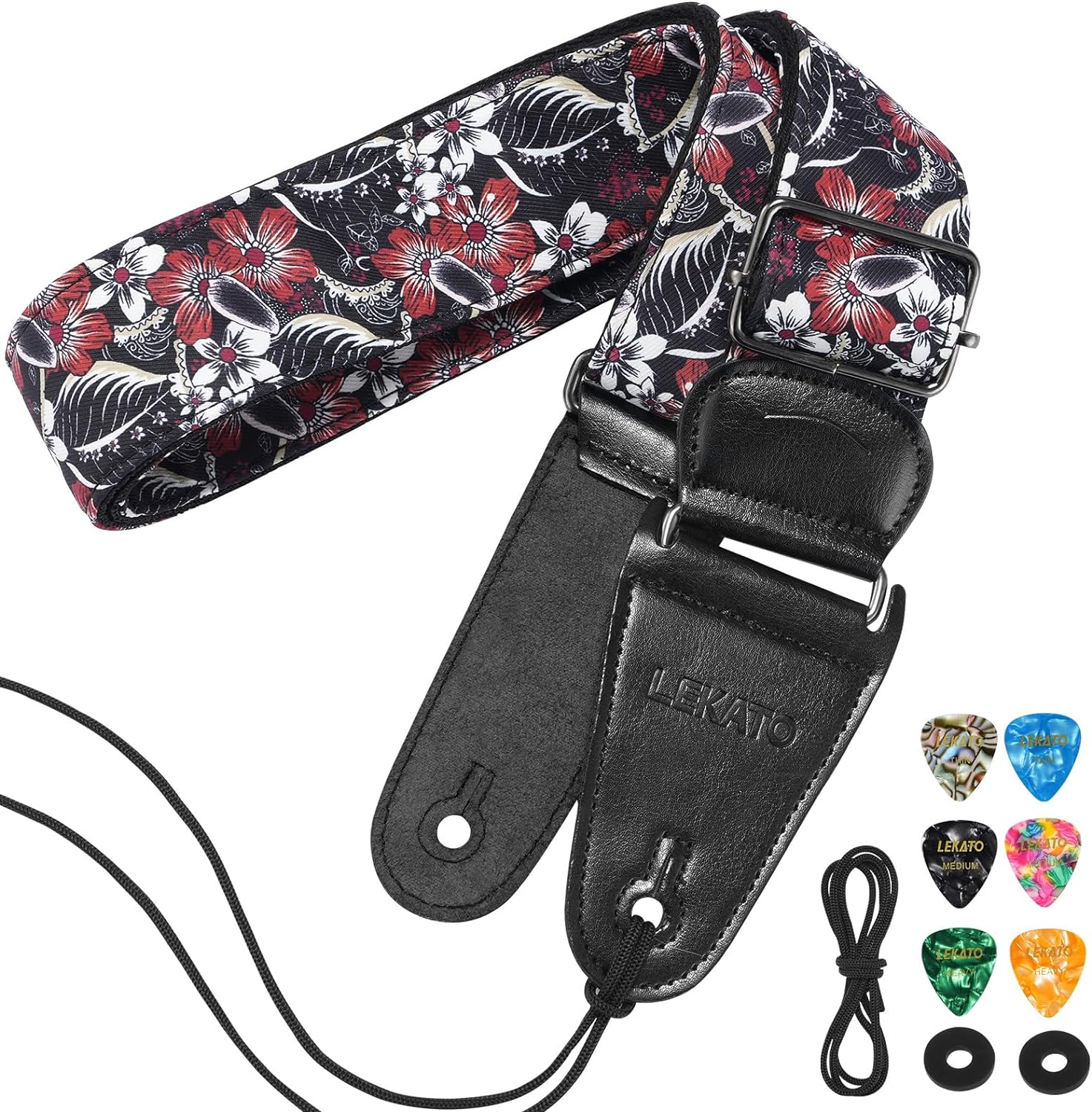 LEKATO Adjustable Electric Guitar Bass Strap 2.5" Wide Belt Shoulder Pad W/ 6 Picks - LEKATO-Best Music Gears And Pro Audio