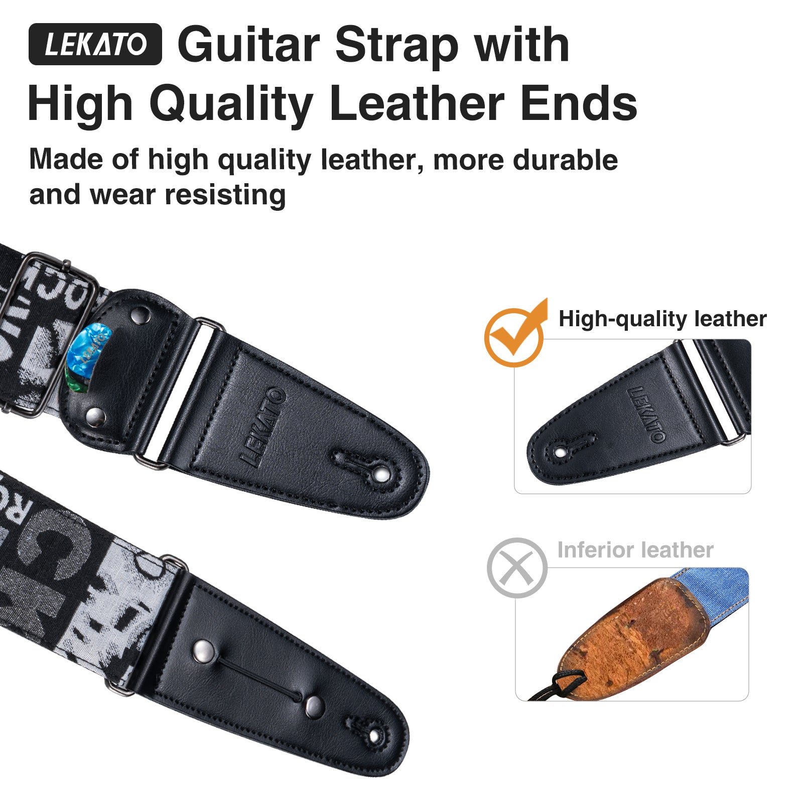 LEKATO Adjustable Electric Guitar Bass Strap 2.5" Wide Belt Shoulder Pad W/ 6 Picks - LEKATO-Best Music Gears And Pro Audio