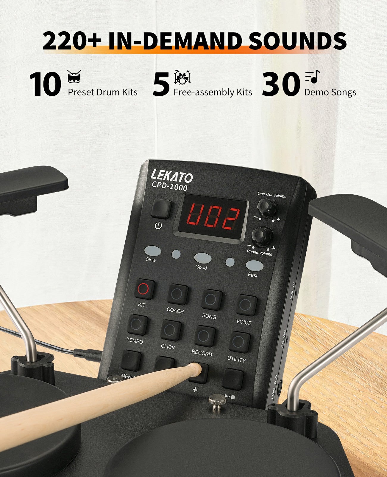 LEKATO Electronic Drum Set w/ Quiet Mesh Snare Drum Pads 220+ Sounds ...