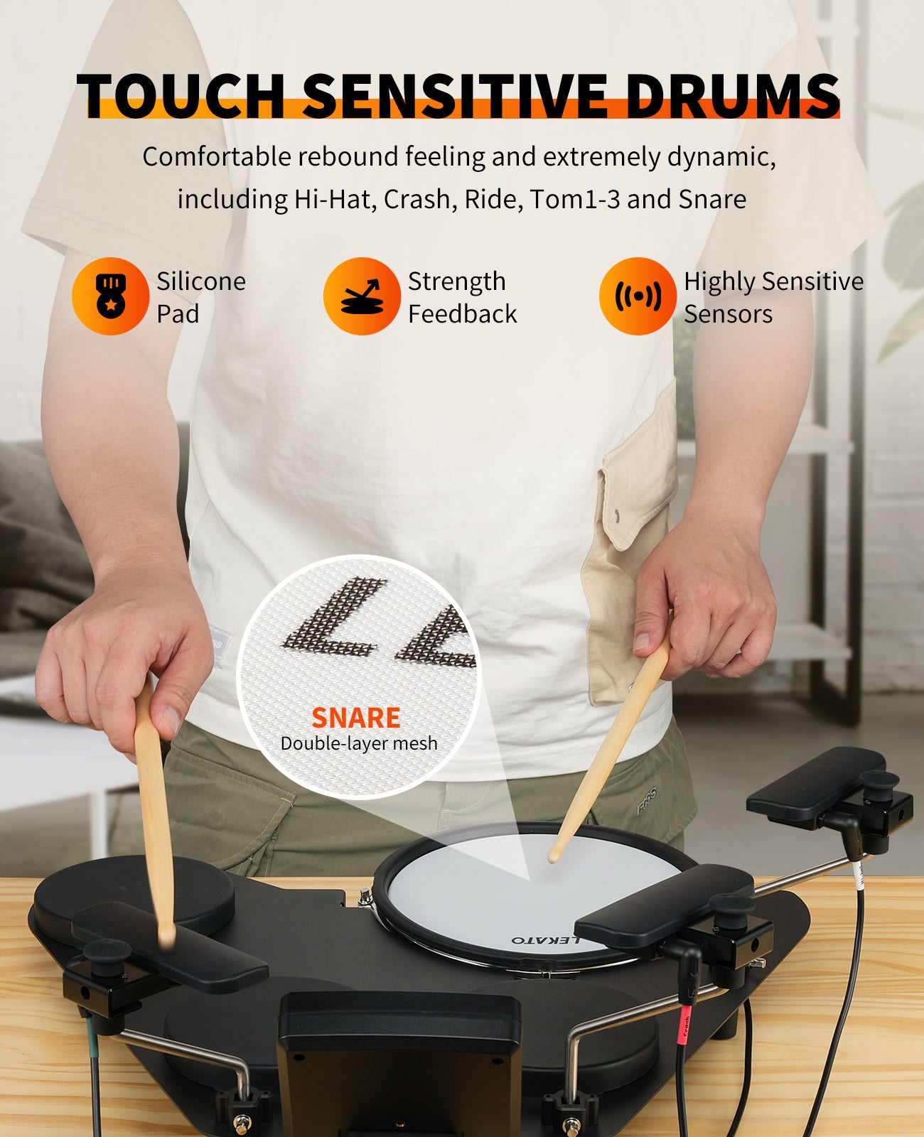LEKATO Electronic Drum Set w/ Quiet Mesh Snare Drum Pads 220+ Sounds ...