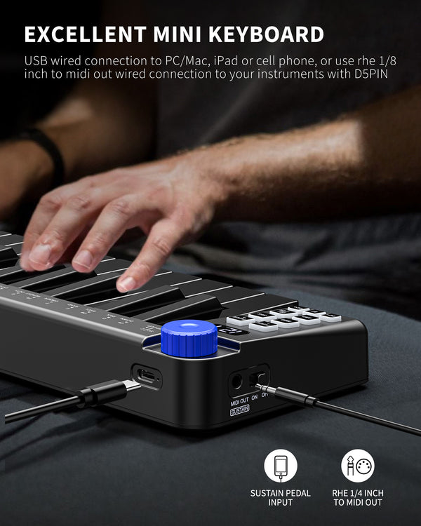 LEKATO 25 Key Mini MIDI Keyboard Controller Bluetooth Velocity-Sensiti ...