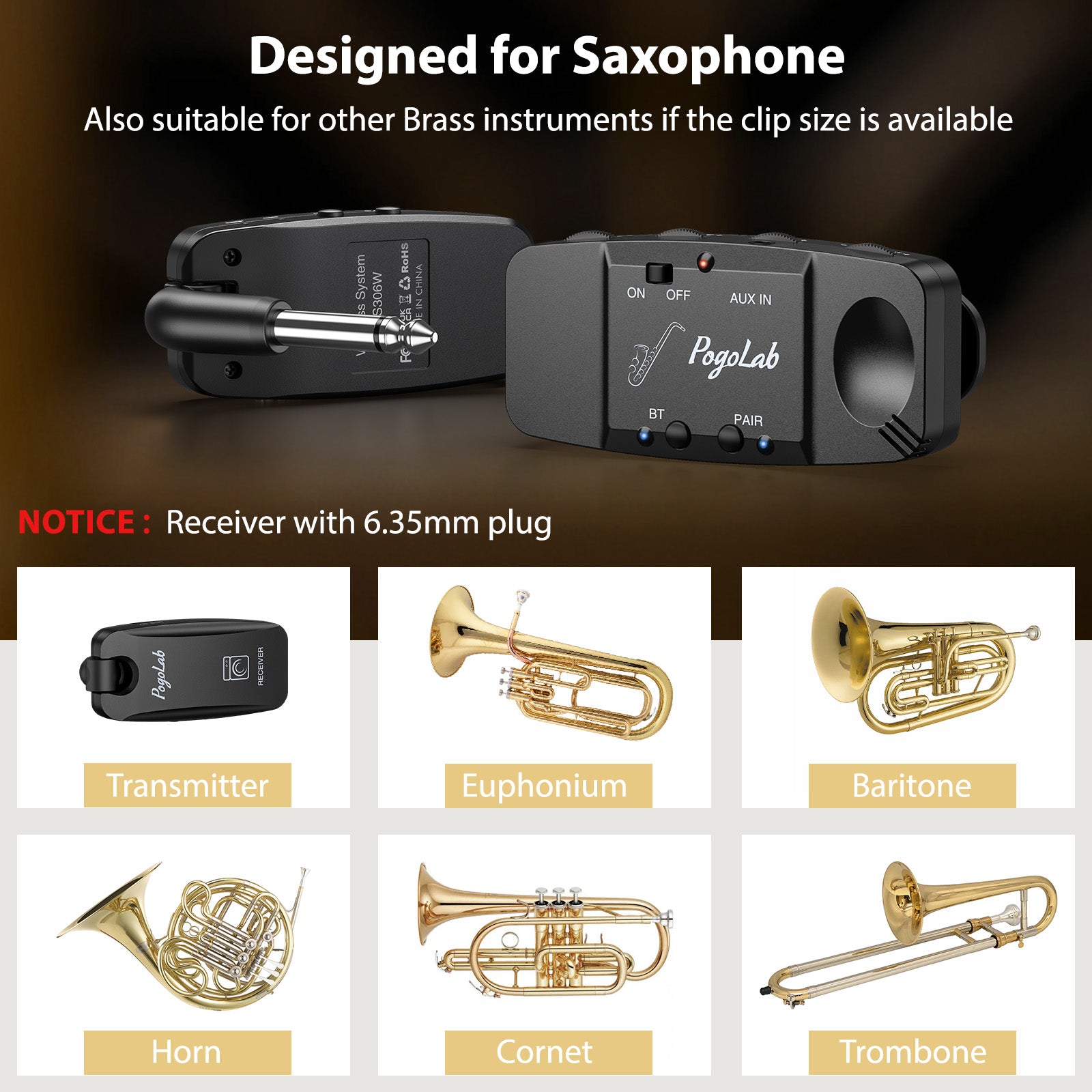 POGOLAB UHF Wireless Saxophone Pickup System Clip-On Transmitter Treble/Bass/Middle