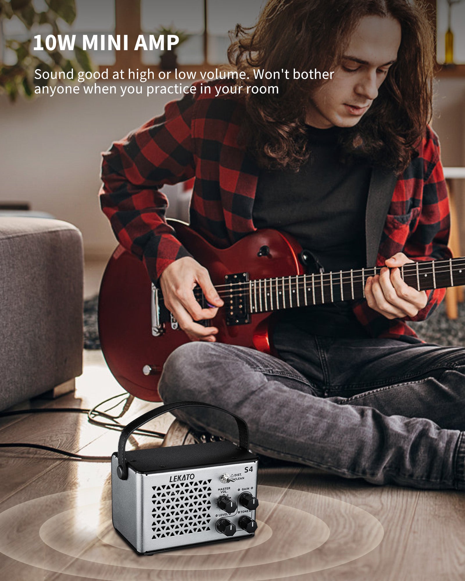 LEKATO Electric Guitar Amp 10W Clean Distortion Gain Control Bluetooth Rechargeable Amp