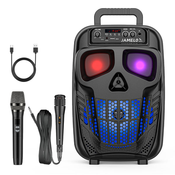 JAMELO Skull Bluetooth Karaoke Machine Speaker Rechargeable with 2 Microphones