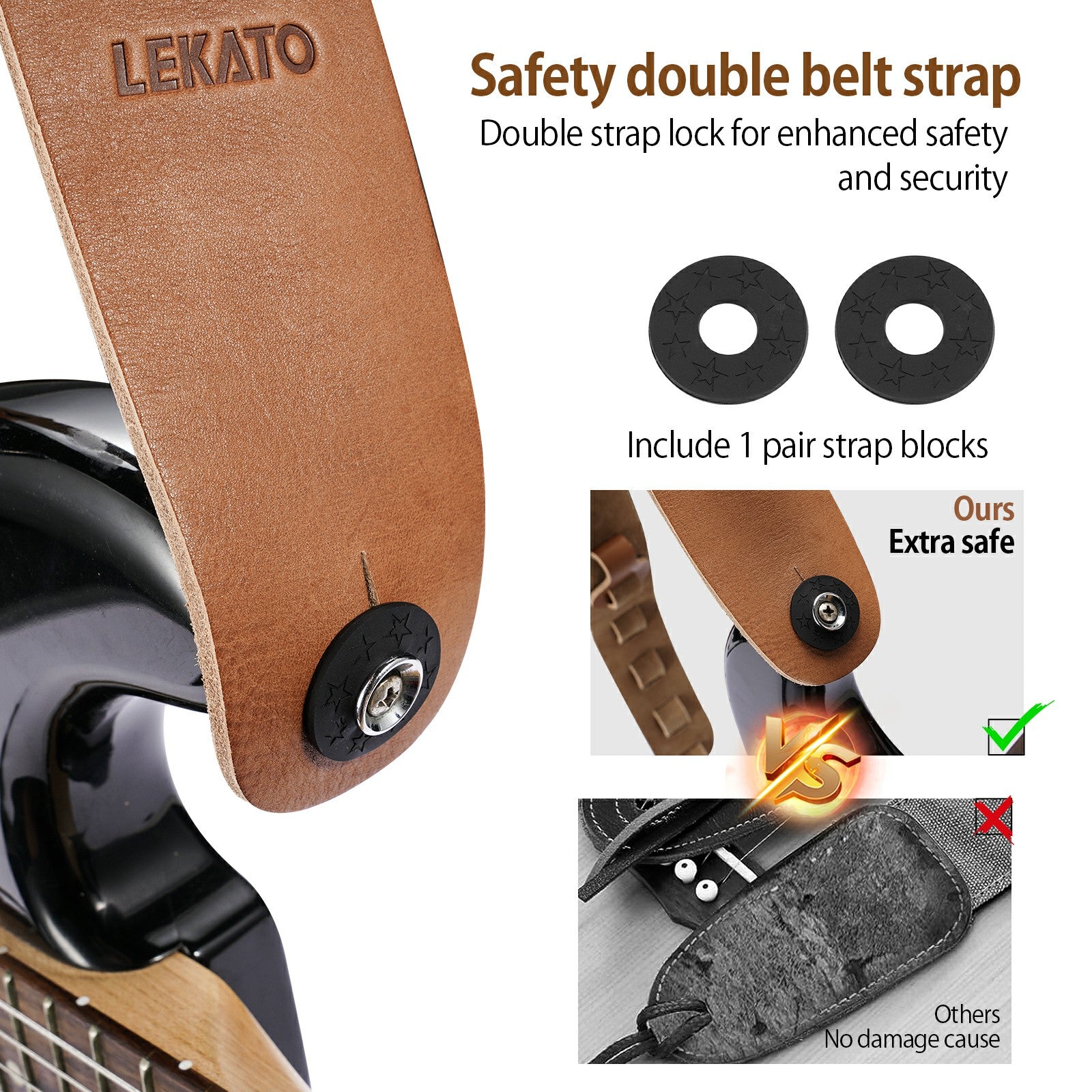 LEKATO Genuine Cowhide Leather Bass Guitar Strap 2.5″ Wide Soft Suede 43″ to 54″