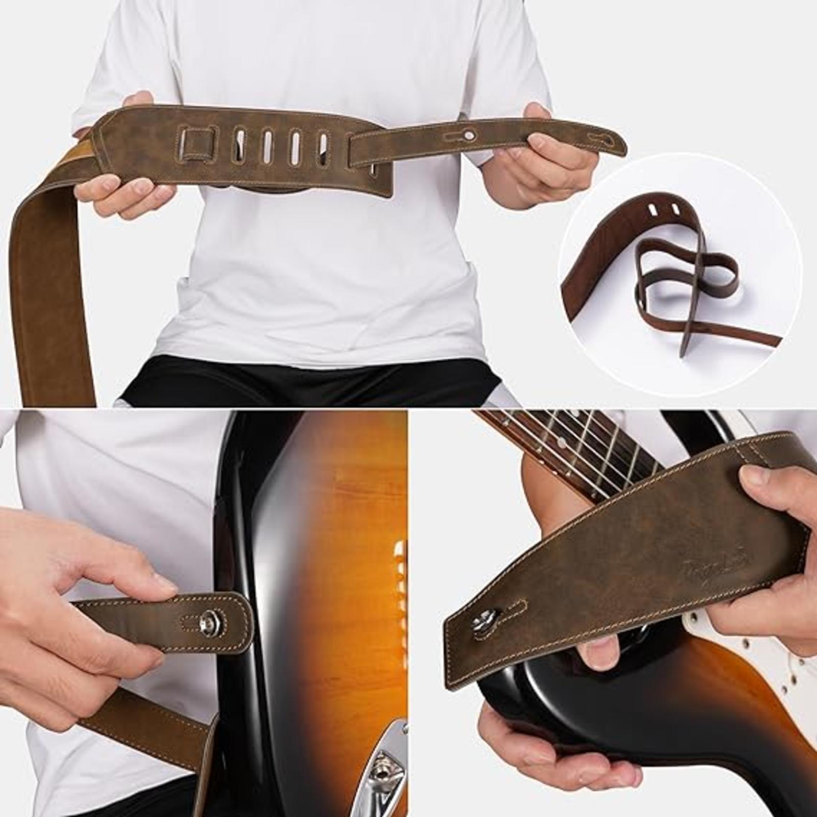 POGOLAB Leather Guitar Bass Strap 3" Wide Foam Cushion Padded Adjustable 51"-57"