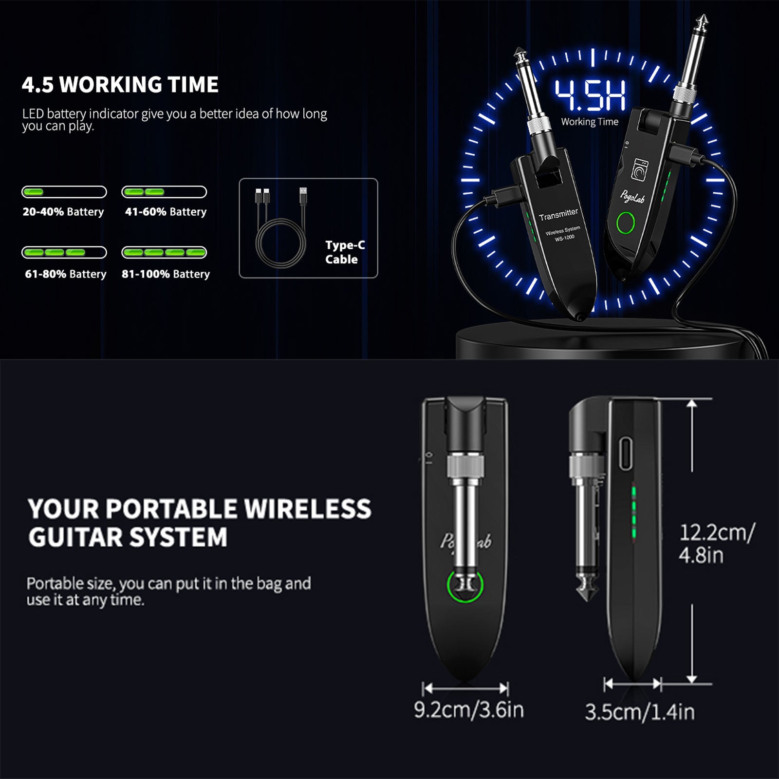 POGOLAB UHF Wireless Guitar System 6.35mm & 3.5mm Plug Rechargeable 131Ft Range Audio