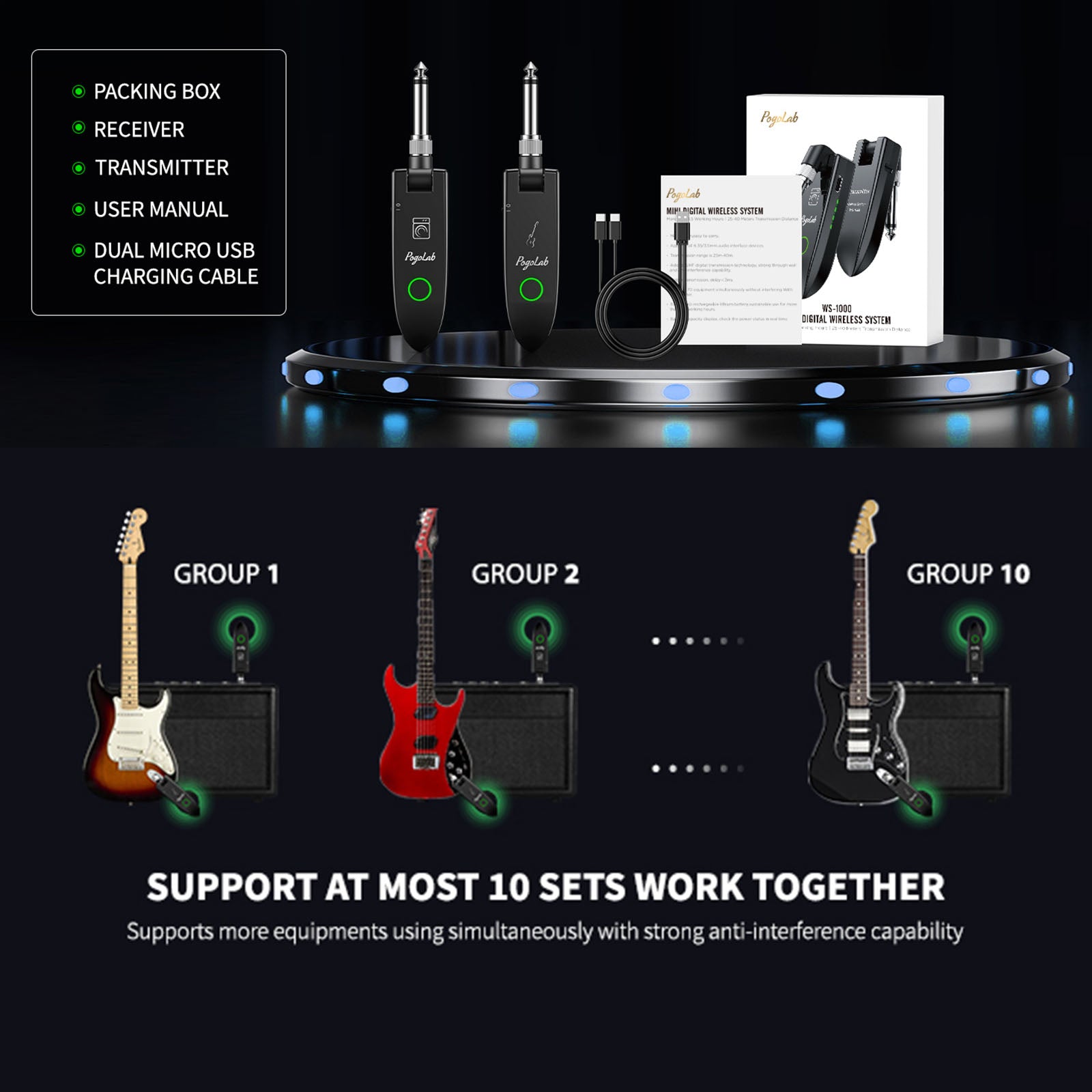 POGOLAB UHF Wireless Guitar System 6.35mm & 3.5mm Plug Rechargeable 131Ft Range Audio