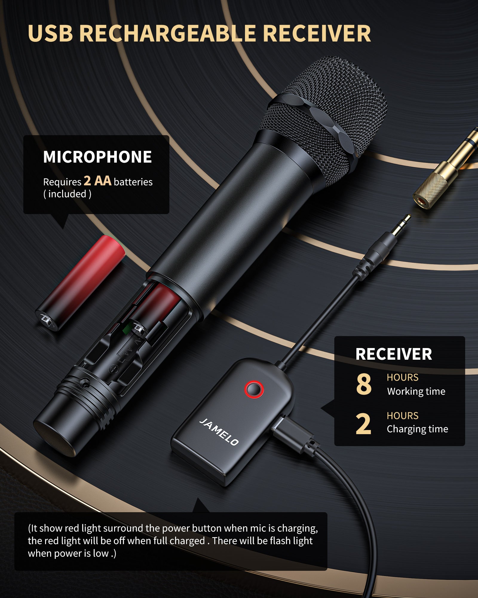 JAMELO 2.4GHz Wireless Microphone Dual Handheld Dynamic Mics