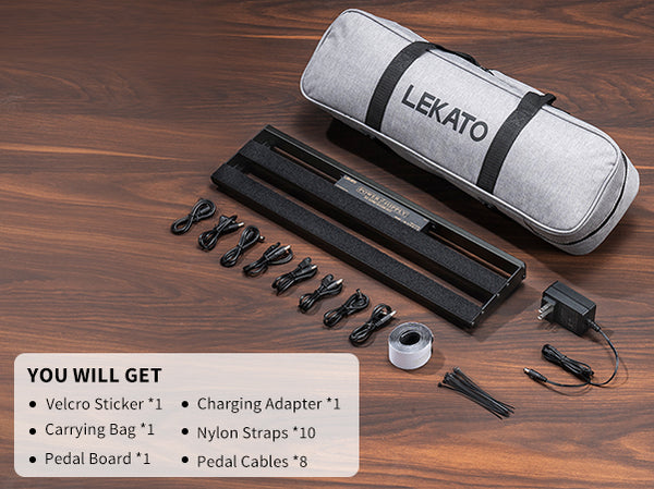 LEKATO Guitar Pedal Board w/ Built-in Power Supply Cables Bag 19x5.1x1.8