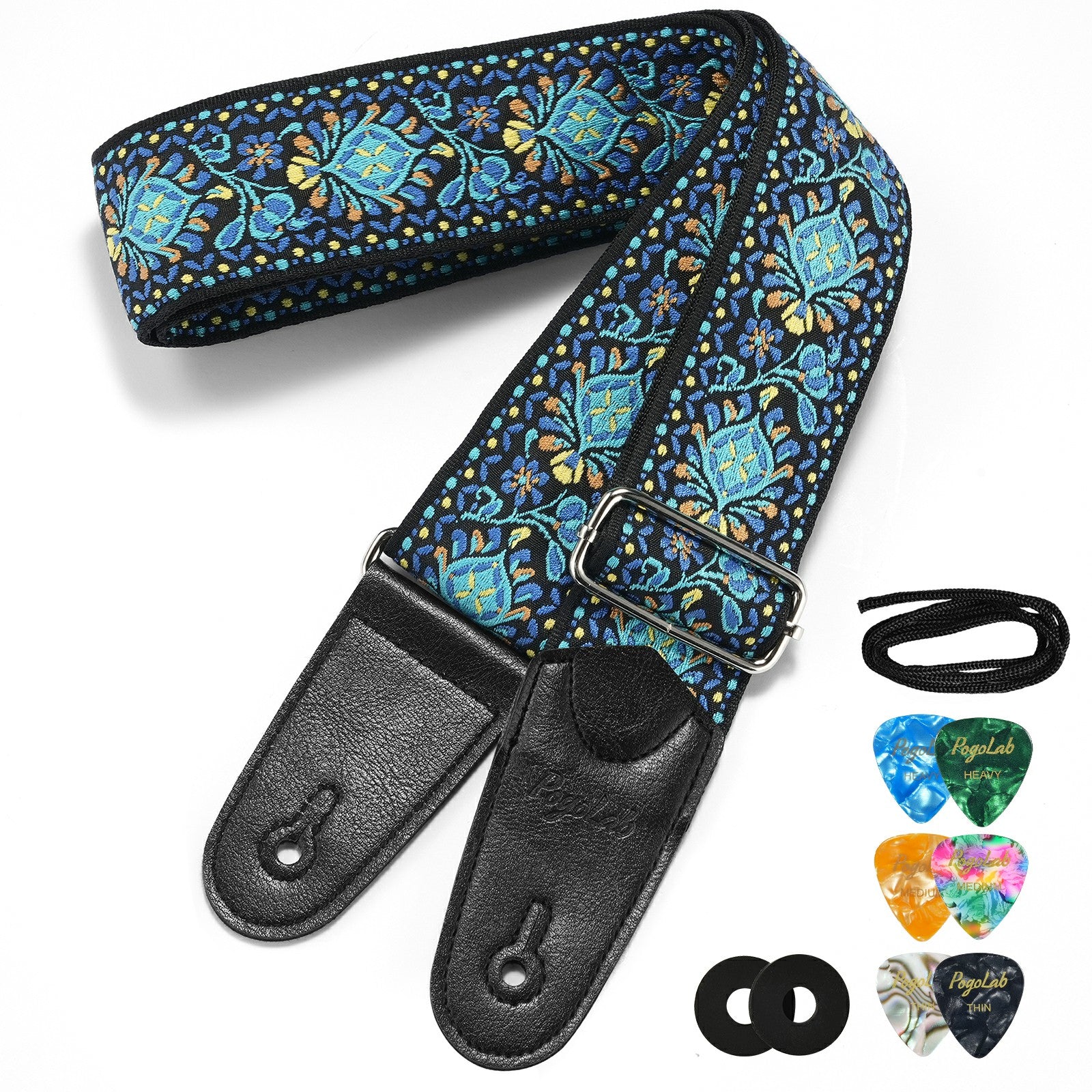 POGOLAB Guitar Bass Strap 2" Wide Jacquard Embroidery Cotton Adjustable 35"-62"