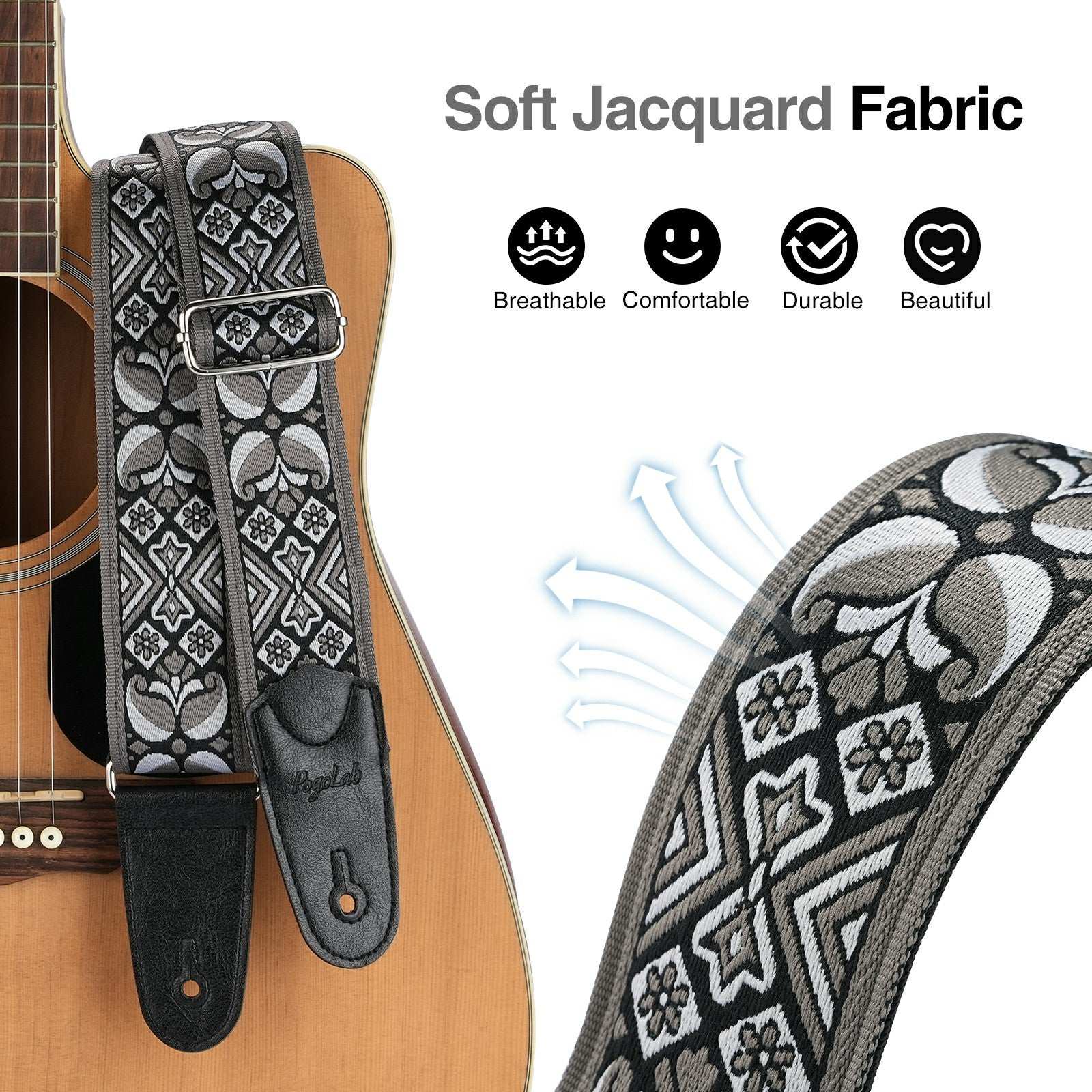 POGOLAB Guitar Bass Strap 2" Wide Jacquard Embroidery Cotton Adjustable 35"-62"