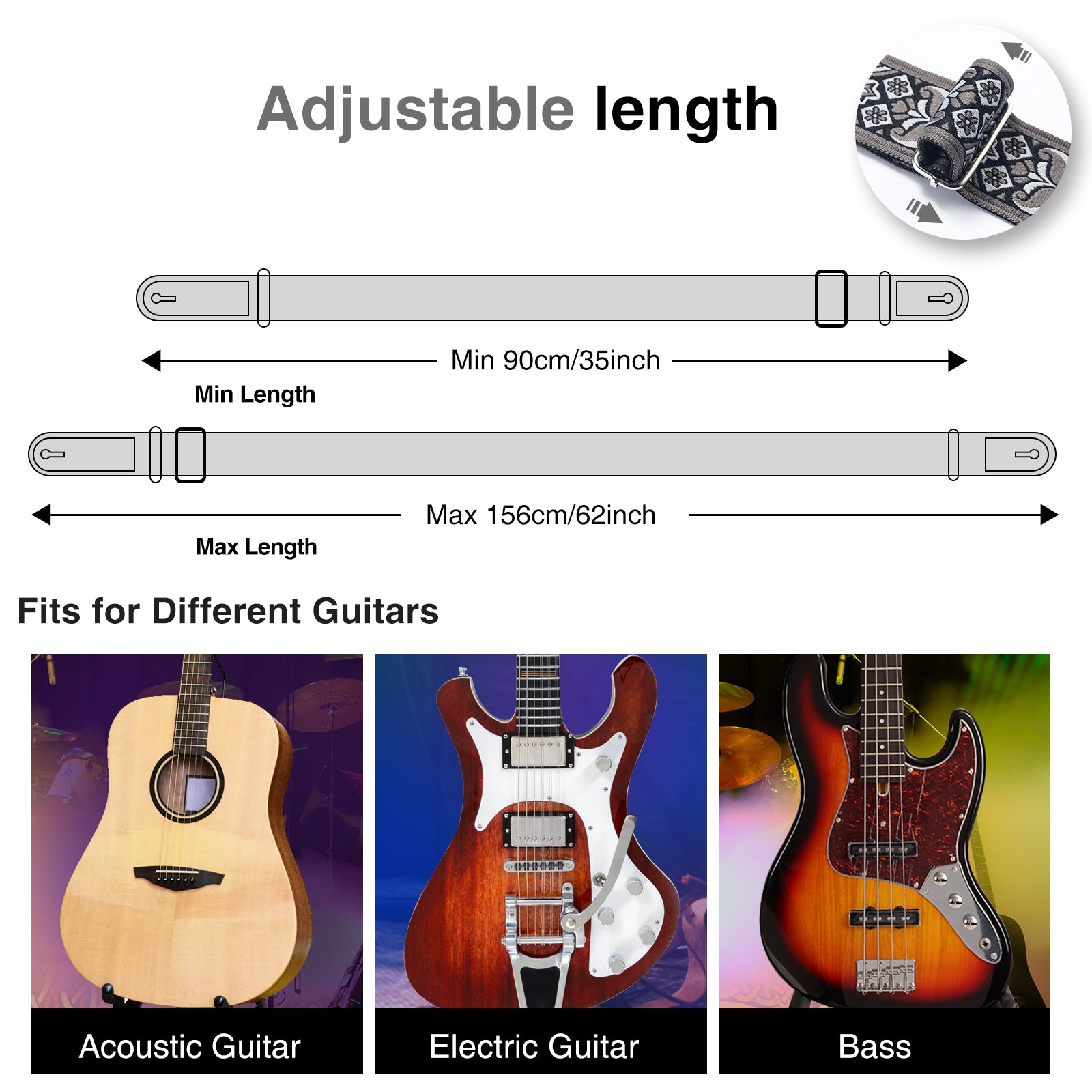 POGOLAB Guitar Bass Strap 2" Wide Jacquard Embroidery Cotton Adjustable 35"-62"