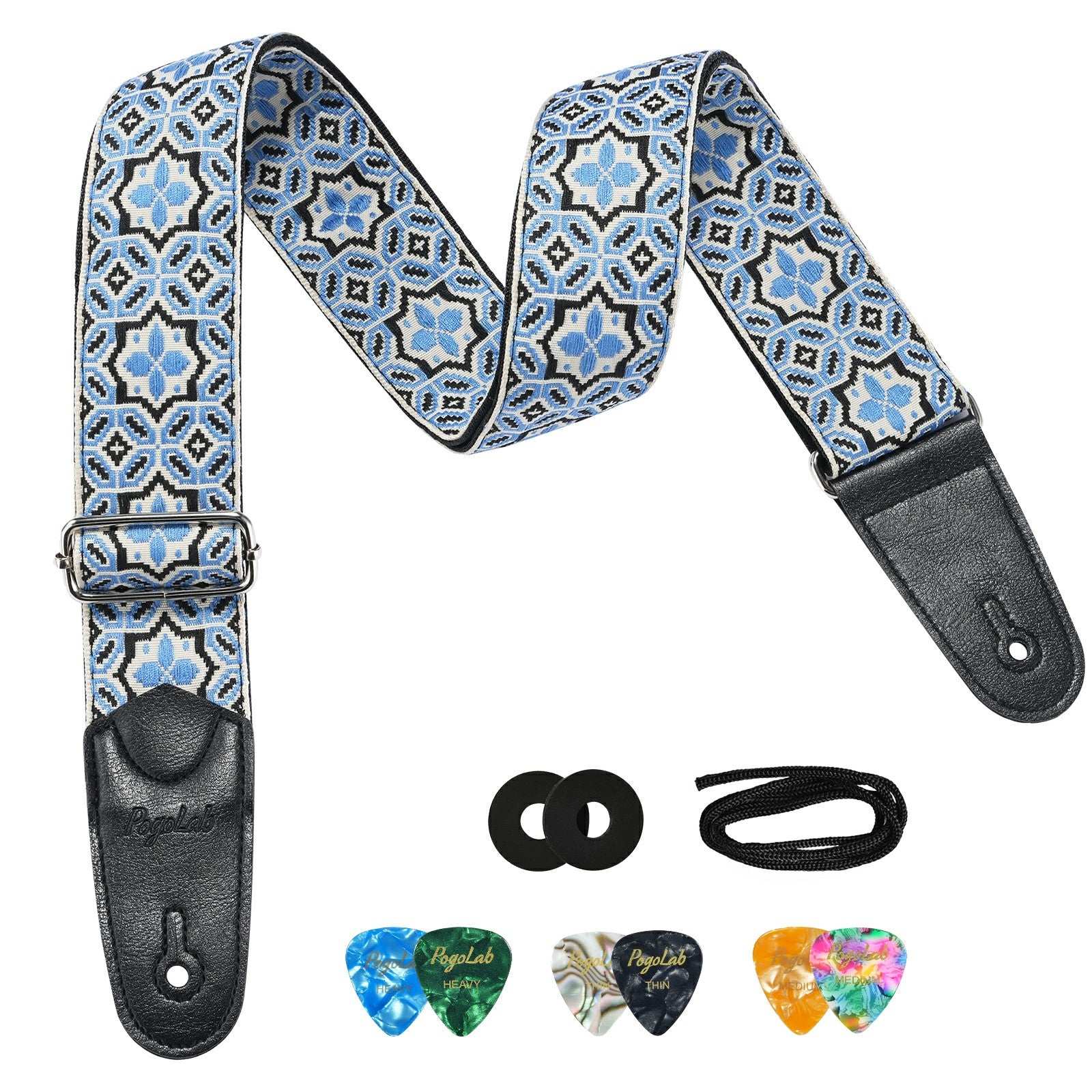 POGOLAB Guitar Bass Strap 2" Wide Jacquard Embroidery Cotton Adjustable 35"-62"