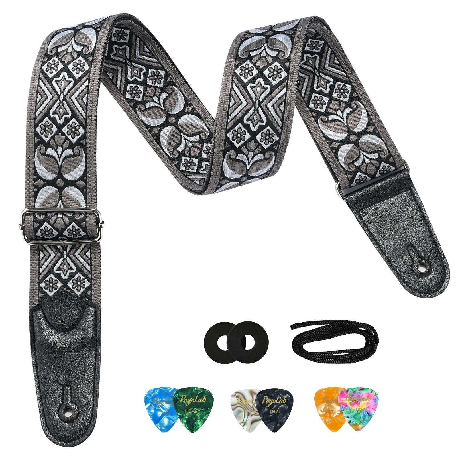 POGOLAB Guitar Bass Strap 2" Wide Jacquard Embroidery Cotton Adjustable 35"-62"