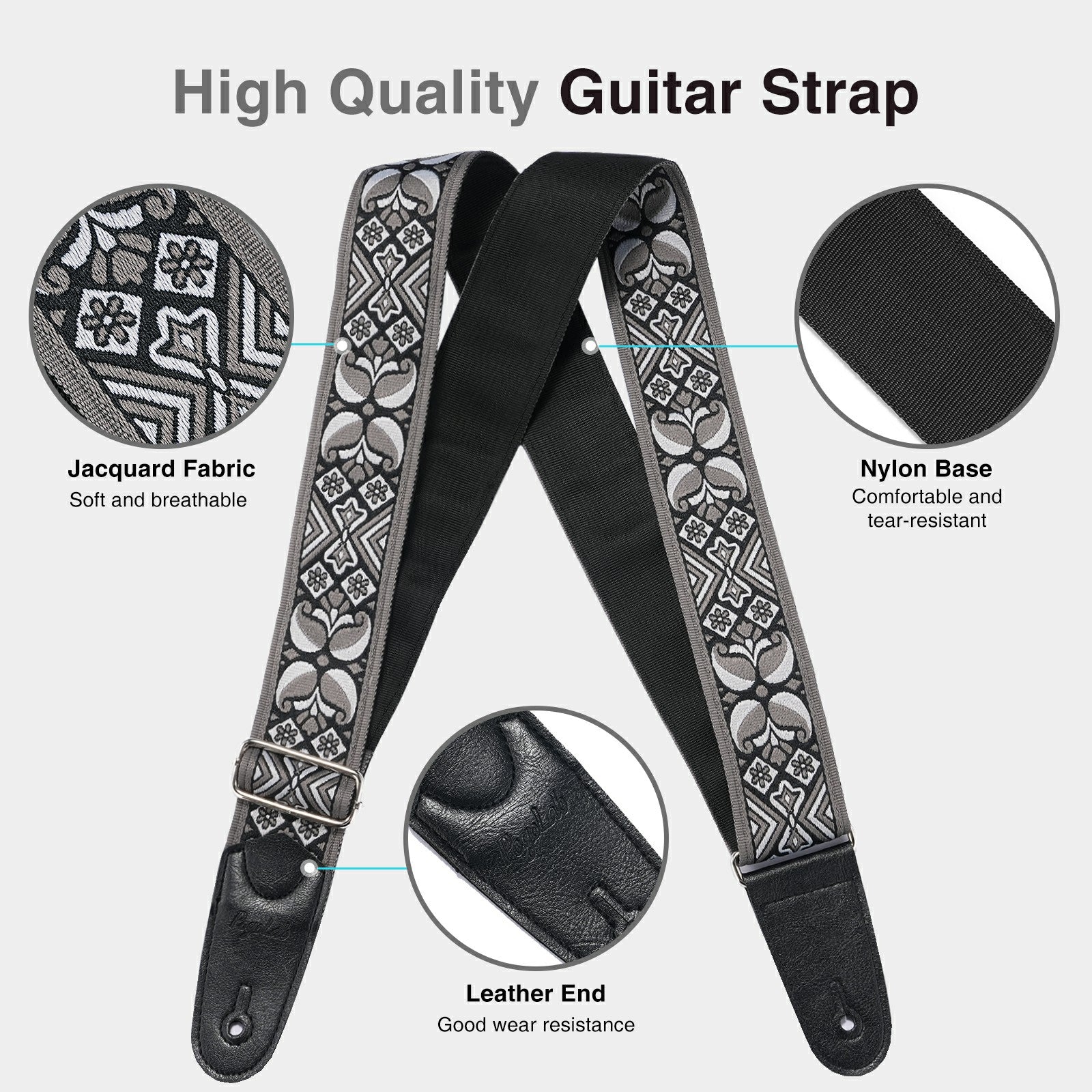 POGOLAB Guitar Bass Strap 2" Wide Jacquard Embroidery Cotton Adjustable 35"-62"