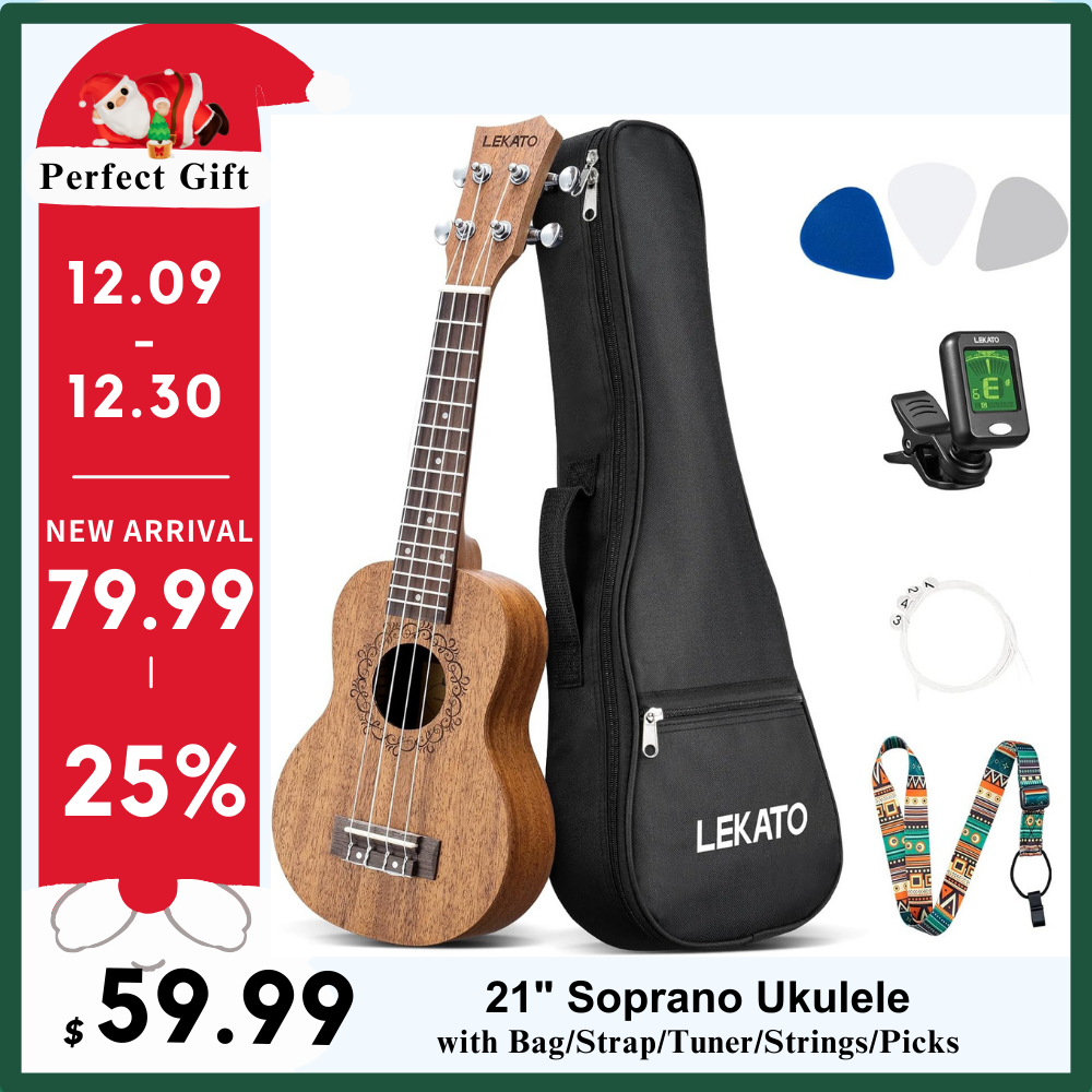 LEKATO 21" Soprano Ukulele Kit w/ Bag Strap Tuner Strings Picks Gift(Currently only the United States and some European countries have stocks)