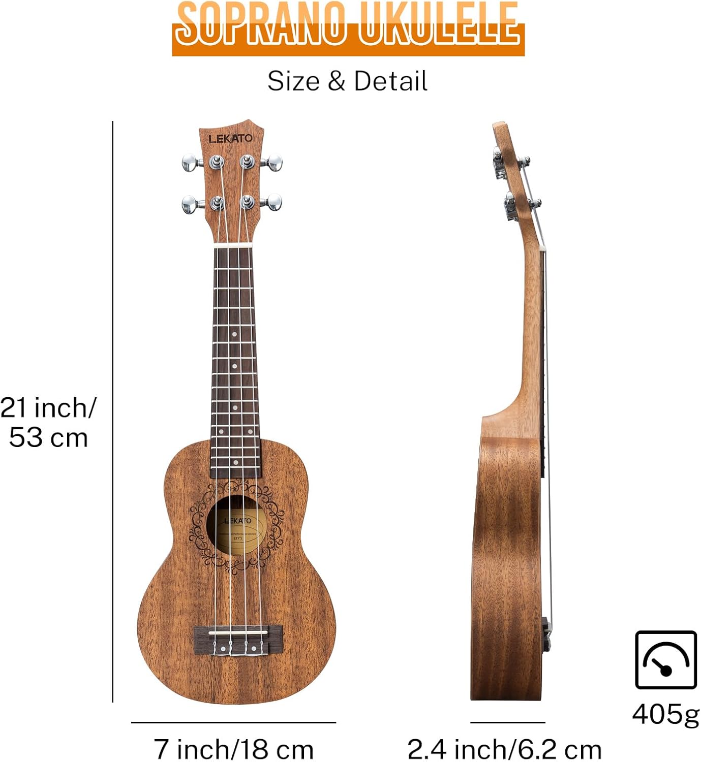 LEKATO 21" Soprano Ukulele Kit w/ Bag Strap Tuner Strings Picks Gift(Currently only the United States and some European countries have stocks)